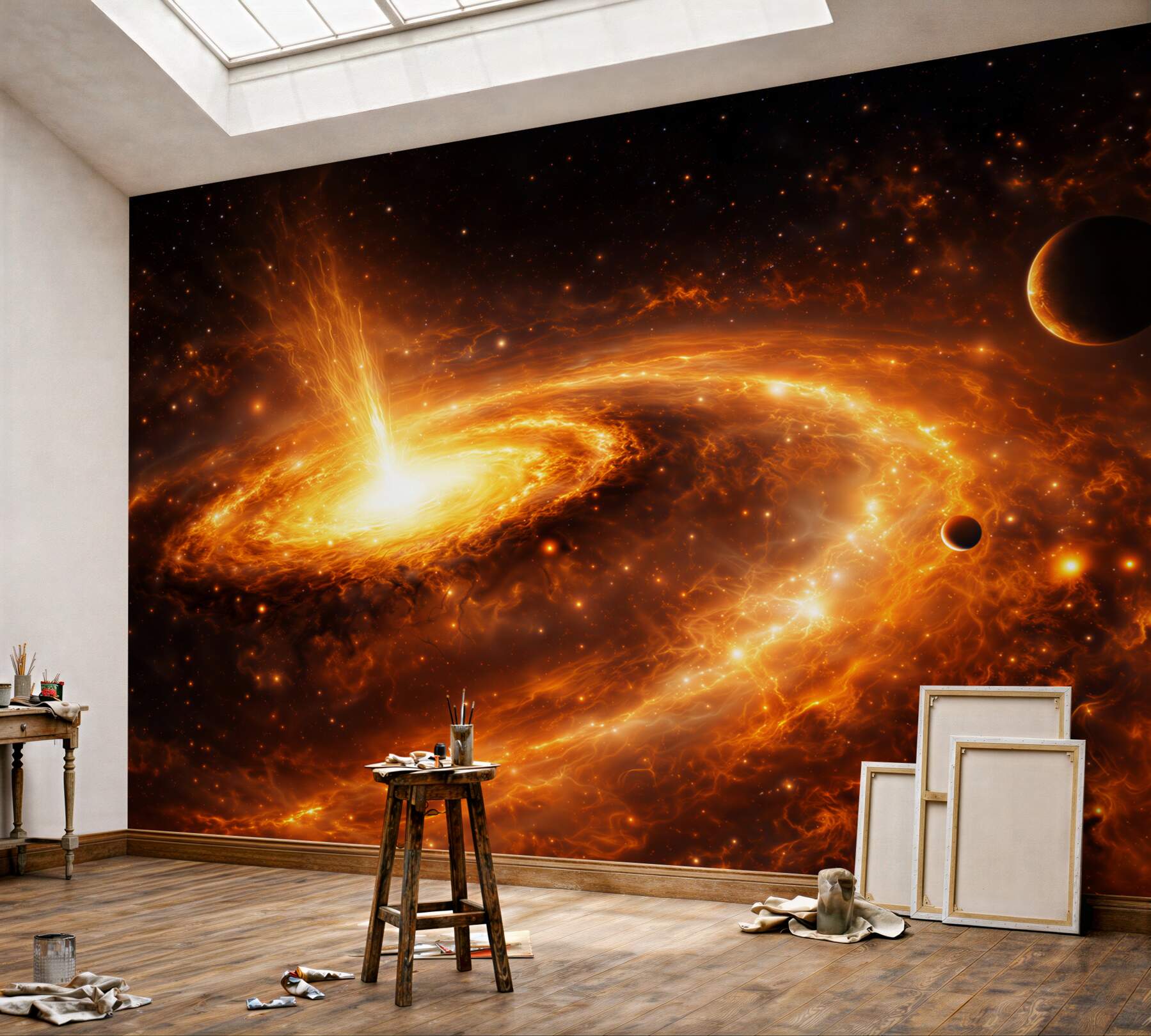 Fototapeta kosmiczna galaktyka z planetami w ognistych złotych barwach