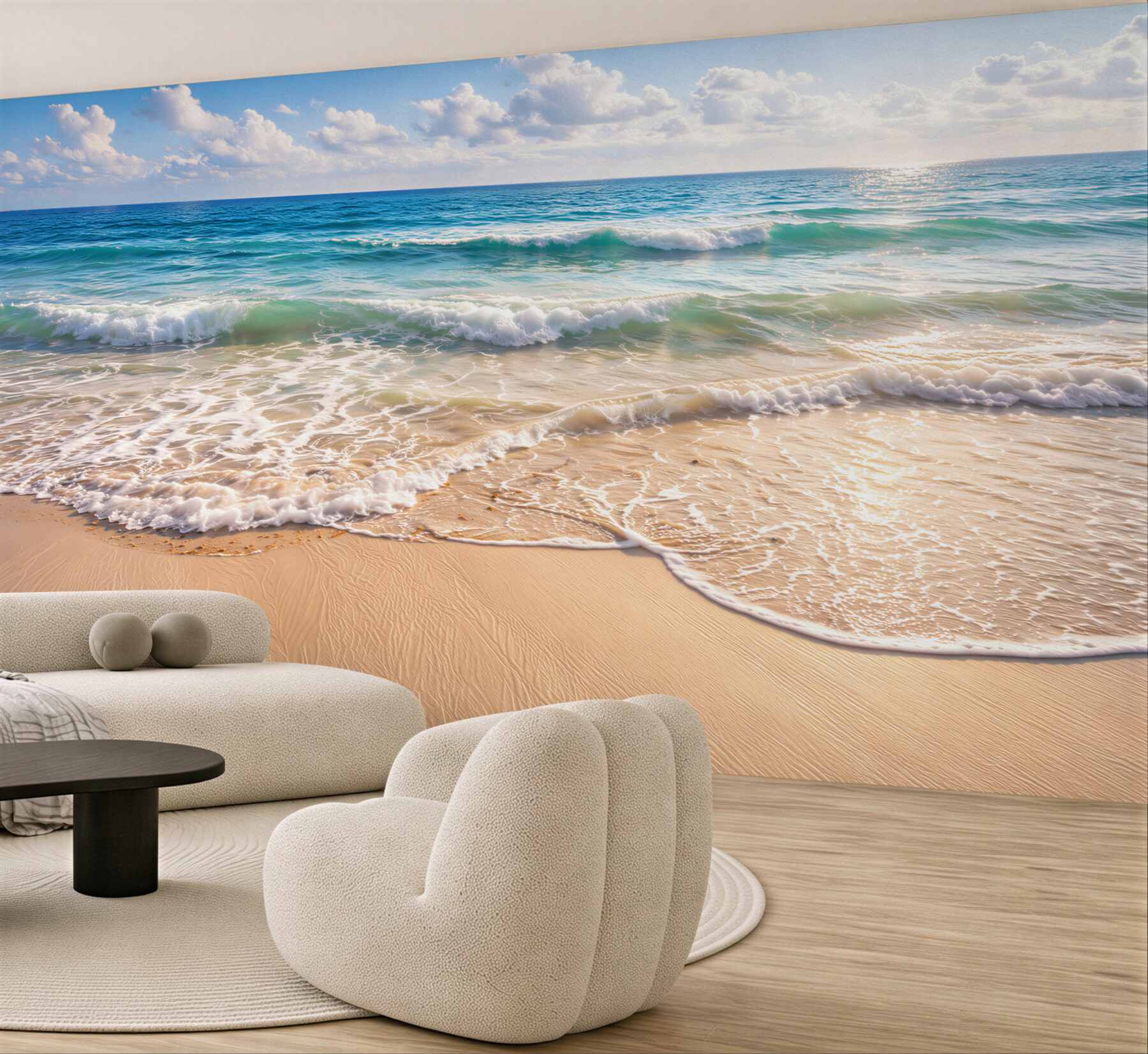 Fototapeta spokojna plaża z turkusowym morzem i falami o wschodzie słońca