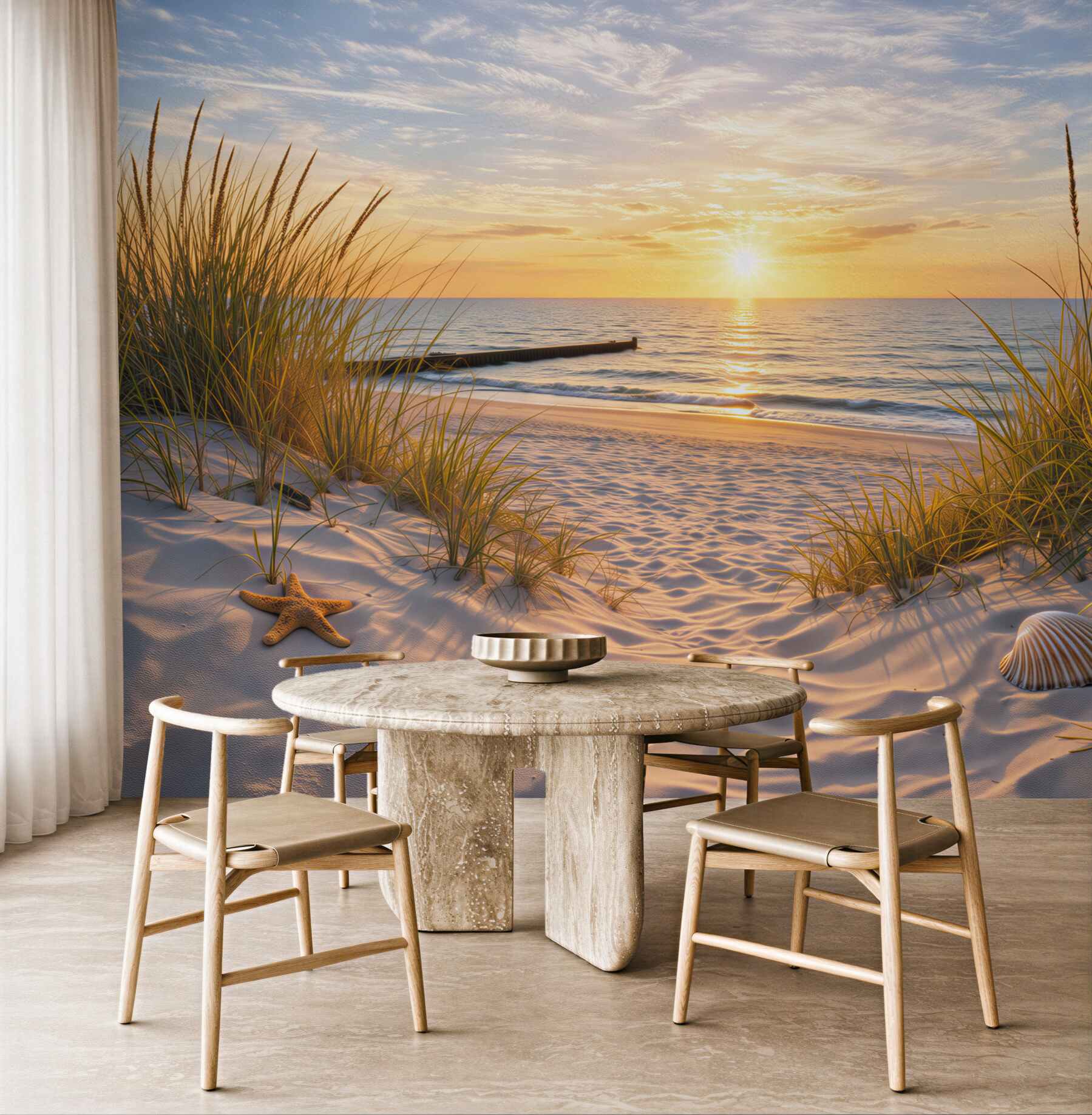 Fototapeta plaża o wschodzie słońca z wydmami i spokojnym morzem