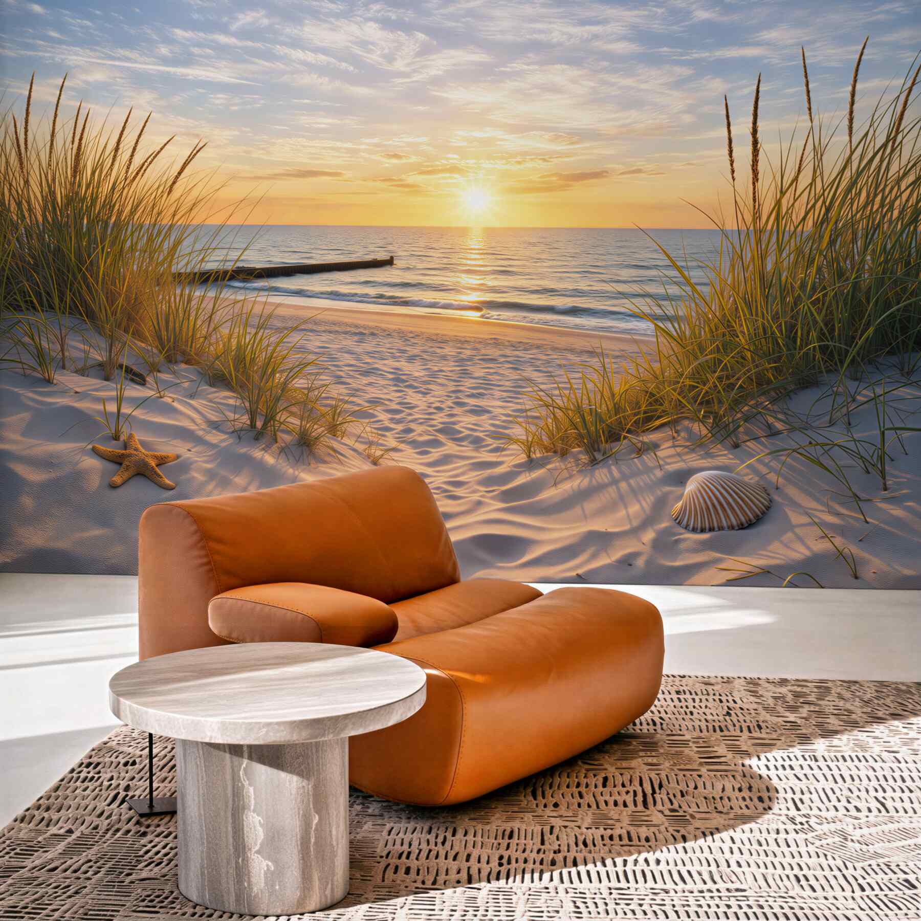 Fototapeta plaża o wschodzie słońca z wydmami i spokojnym morzem