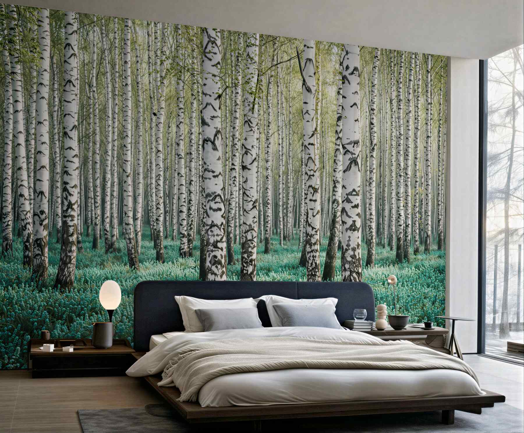 Fototapeta las brzozowy z turkusowym runem leśnym spokojna natura