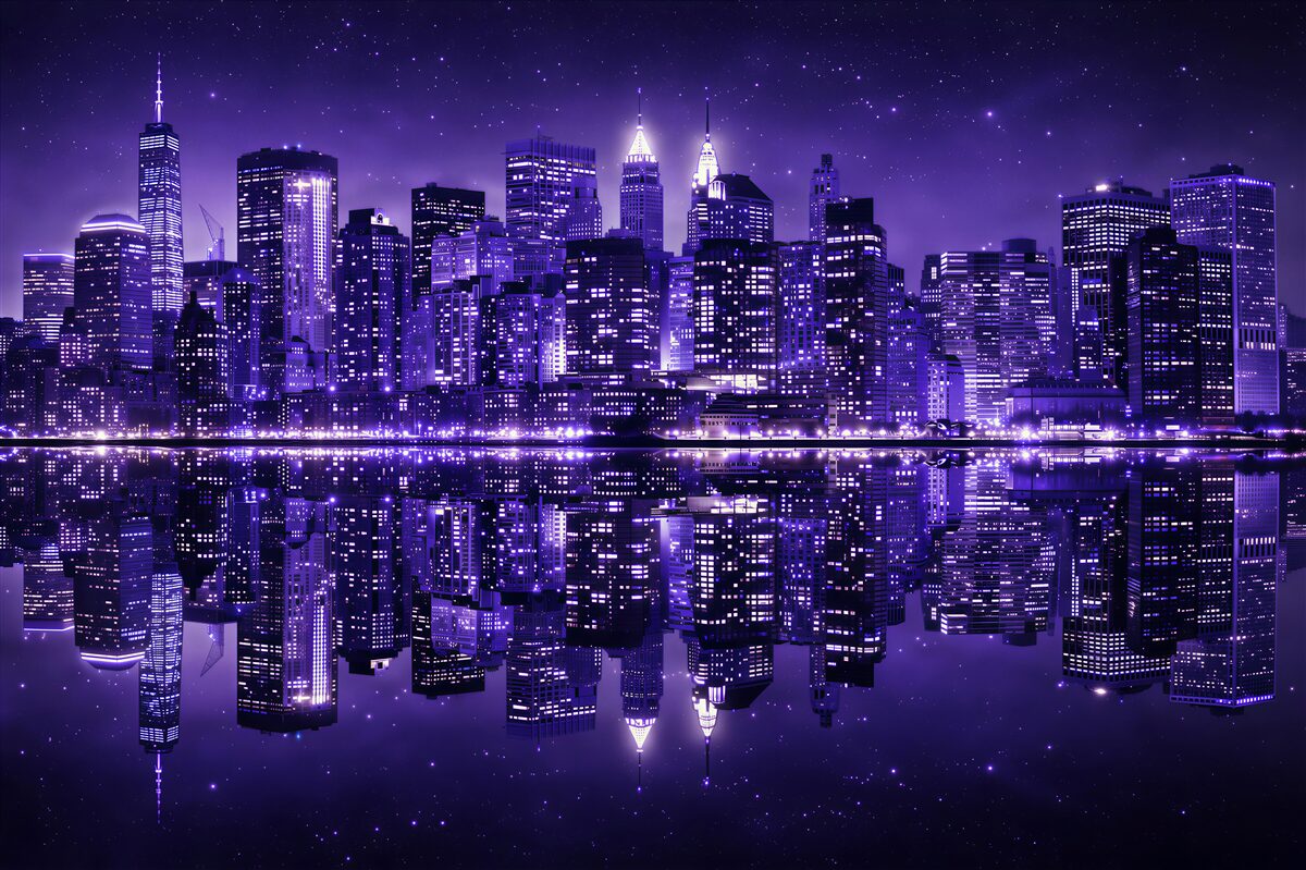 Fototapeta nocne miasto z odbiciem w wodzie fioletowy panorama skyline