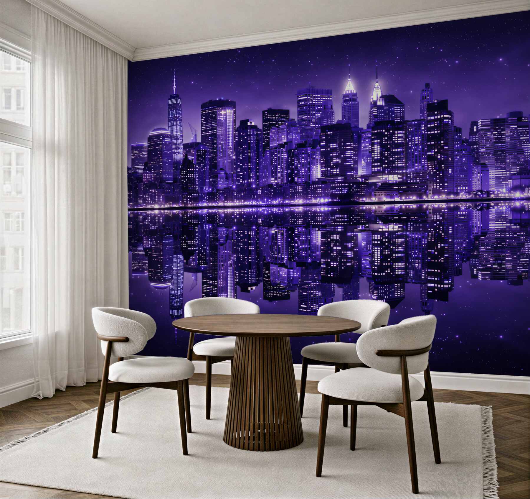 Fototapeta nocne miasto z odbiciem w wodzie fioletowy panorama skyline