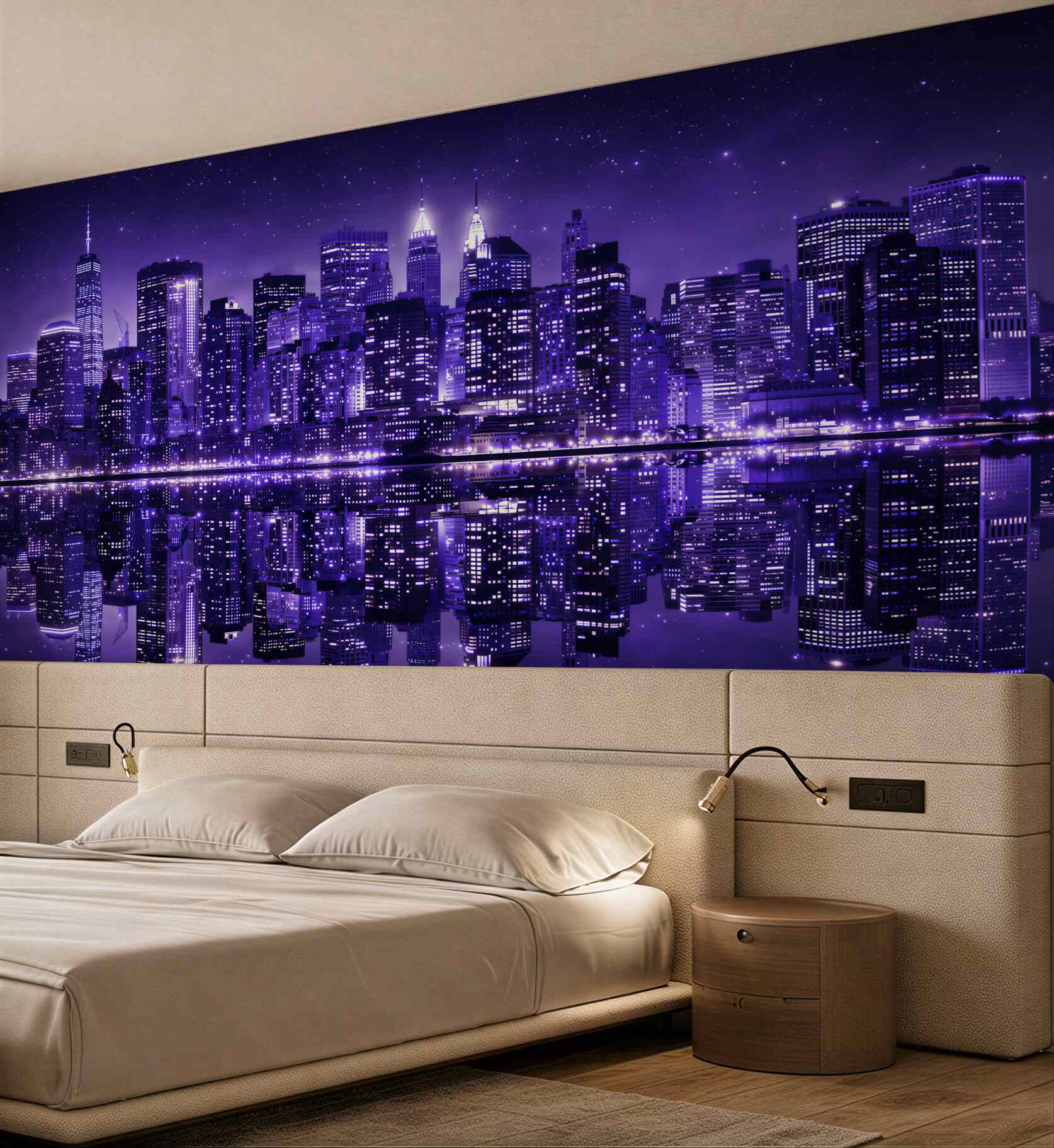 Fototapeta nocne miasto z odbiciem w wodzie fioletowy panorama skyline