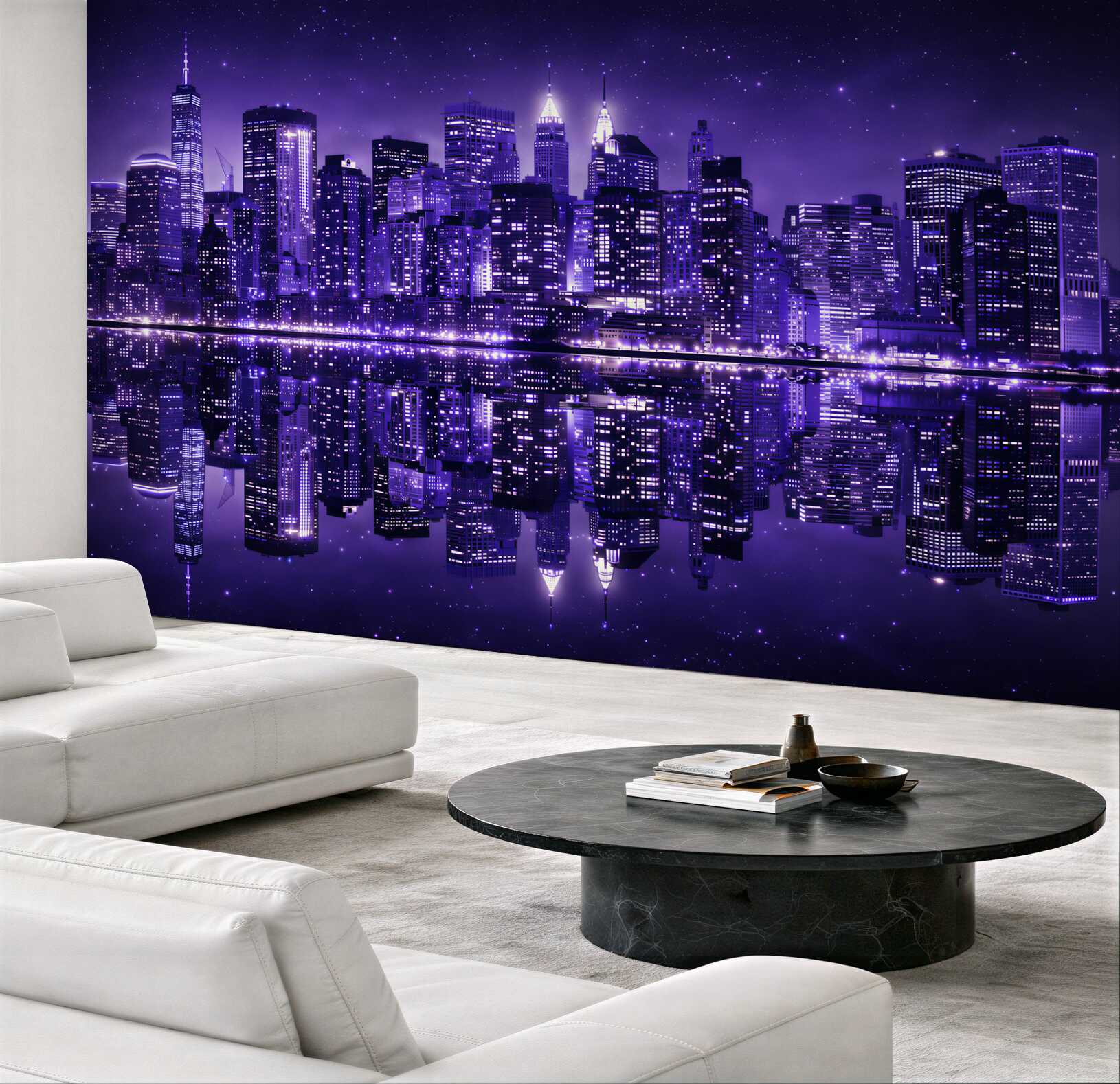 Fototapeta nocne miasto z odbiciem w wodzie fioletowy panorama skyline