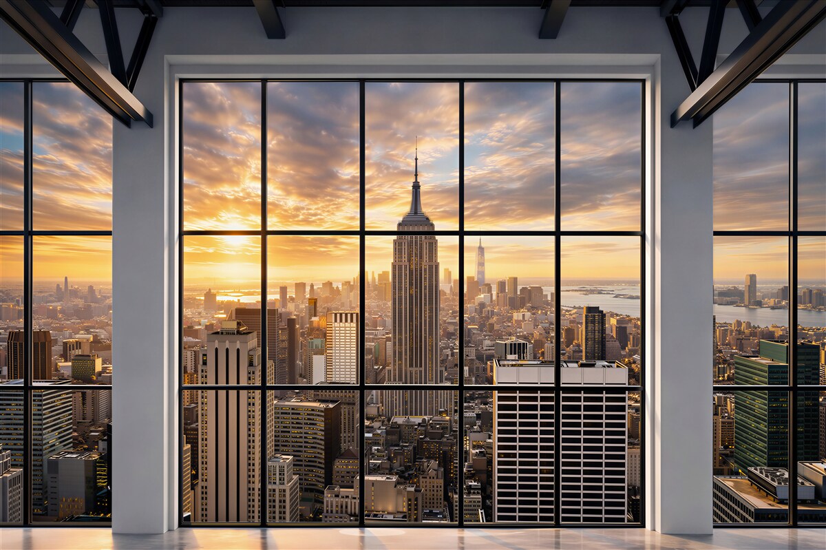 Fototapeta panorama Nowego Jorku o zachodzie słońca przez loftowe okna
