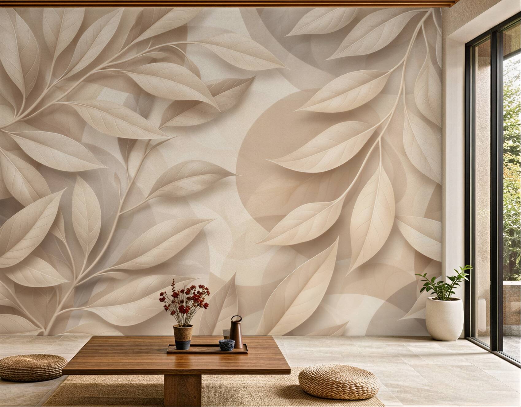 Fototapeta beżowe liście 3D elegancka abstrakcja do nowoczesnego wnętrza