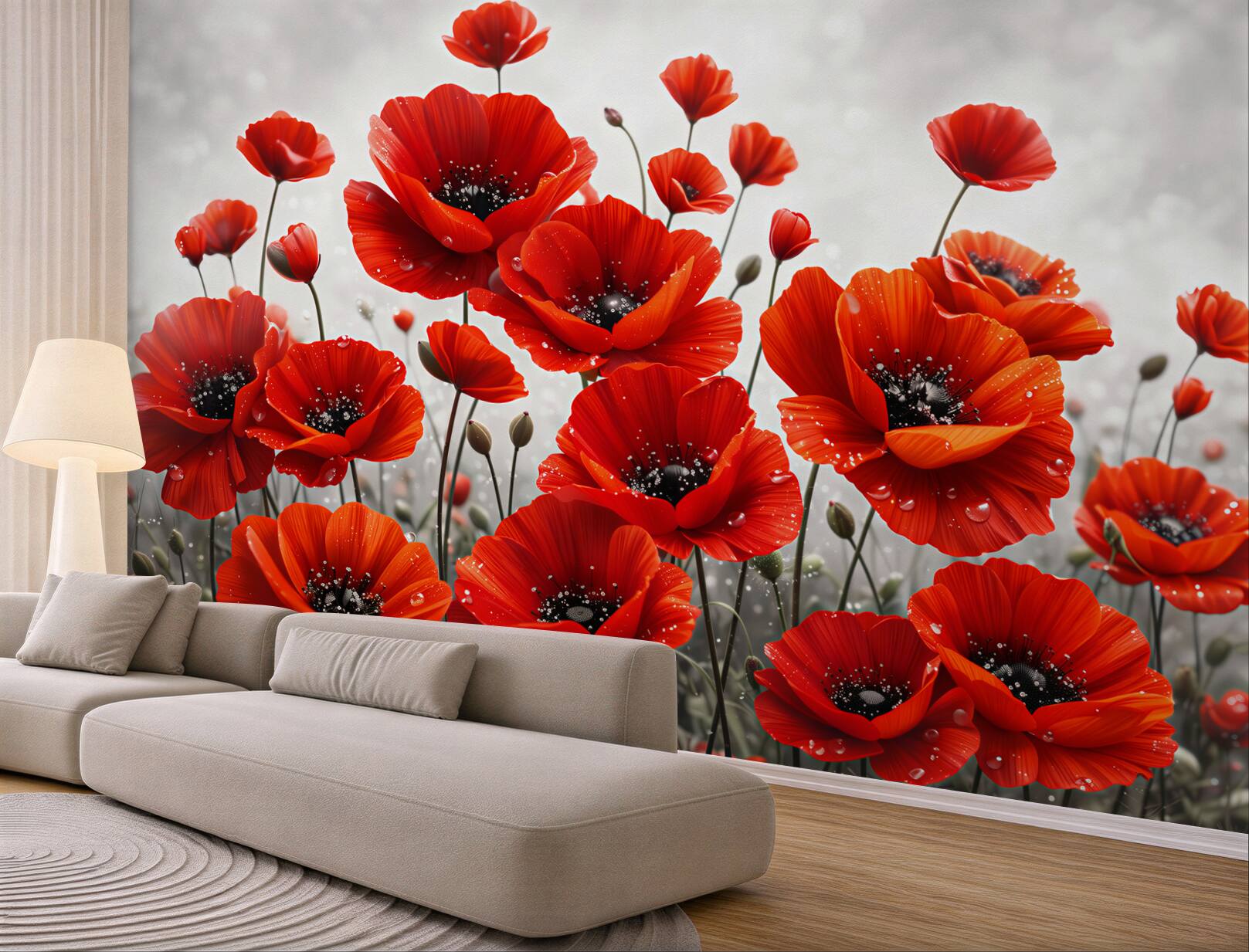 Fototapeta czerwone maki z kroplami rosy na jasnym tle