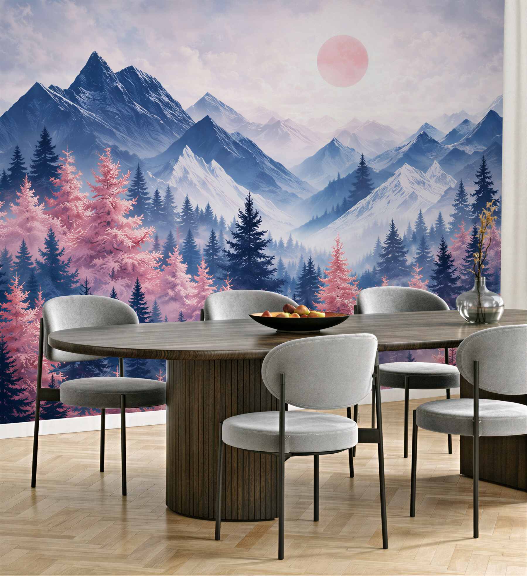 Fototapeta pastelowe góry i różowy las we mgle