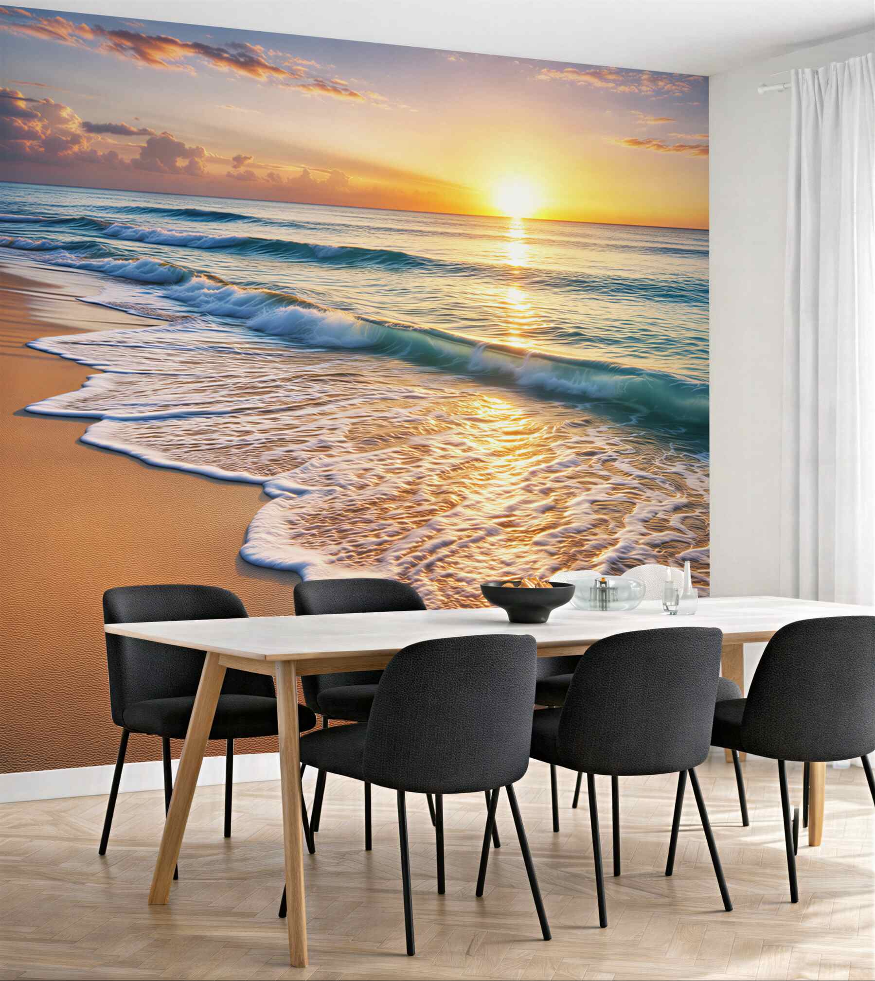 Fototapeta plaża o wschodzie słońca z falami i złotym piaskiem
