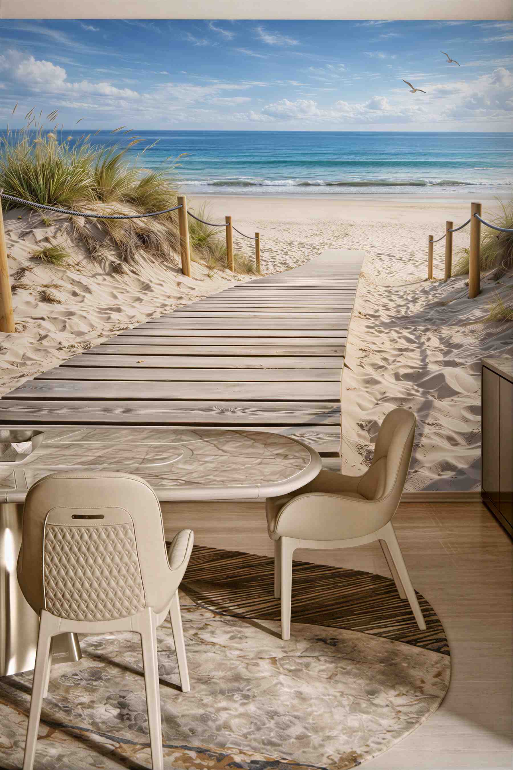 Fototapeta drewniana kładka na plażę z wydmami i błękitnym morzem