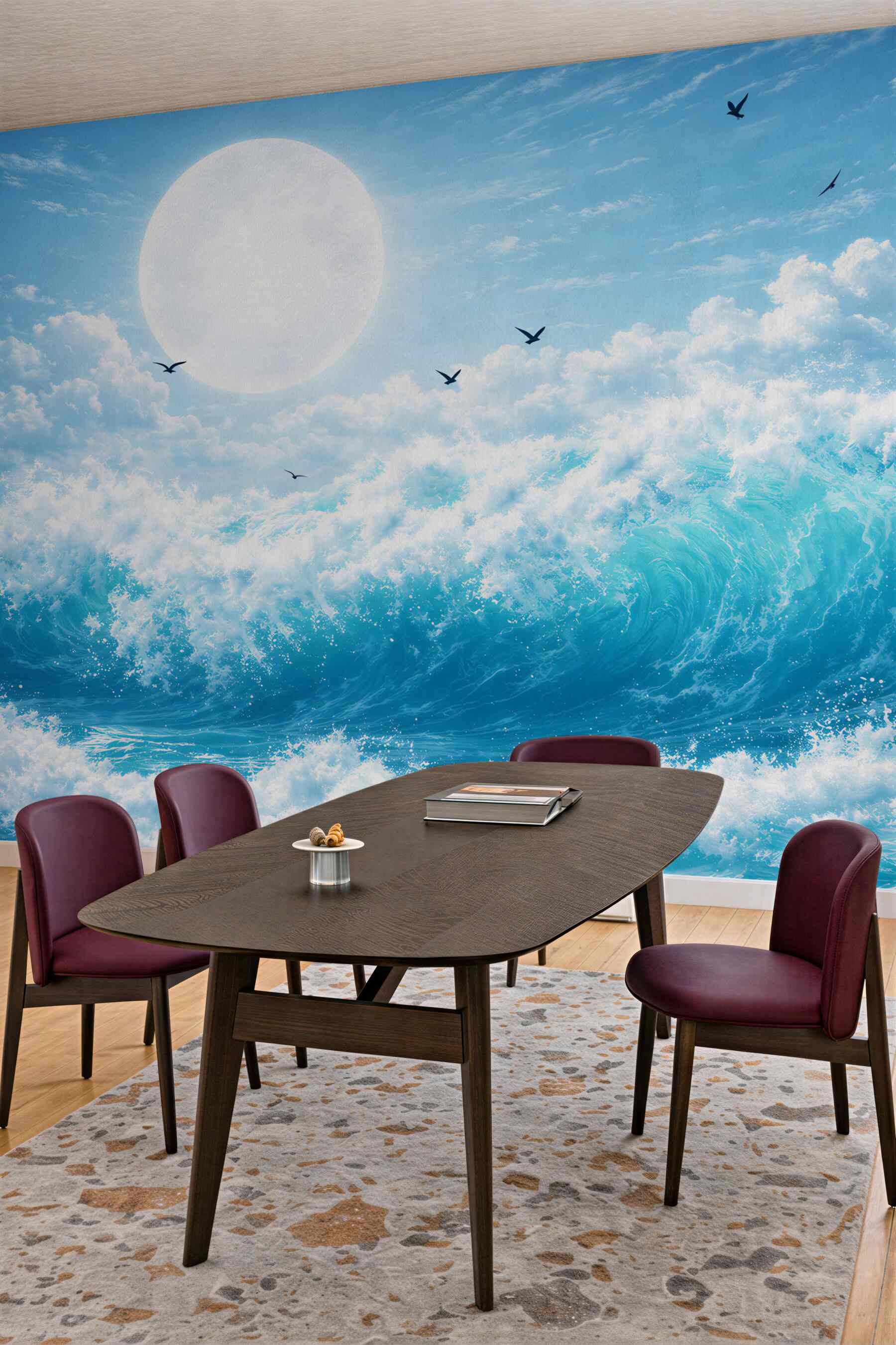 Fototapeta turkusowe fale oceanu z księżycem i ptakami