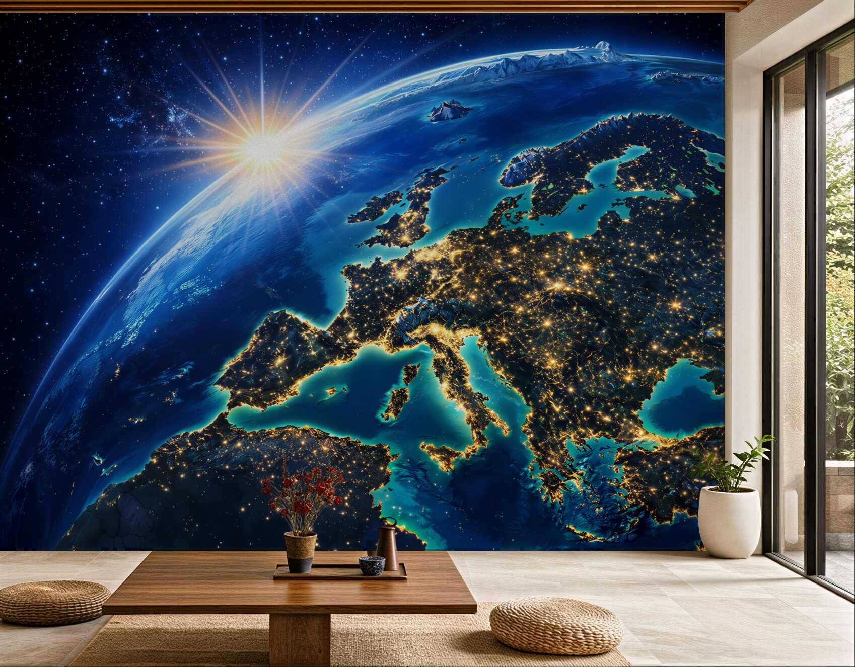 Fototapeta Ziemia z kosmosu Europa nocą i wschód słońca