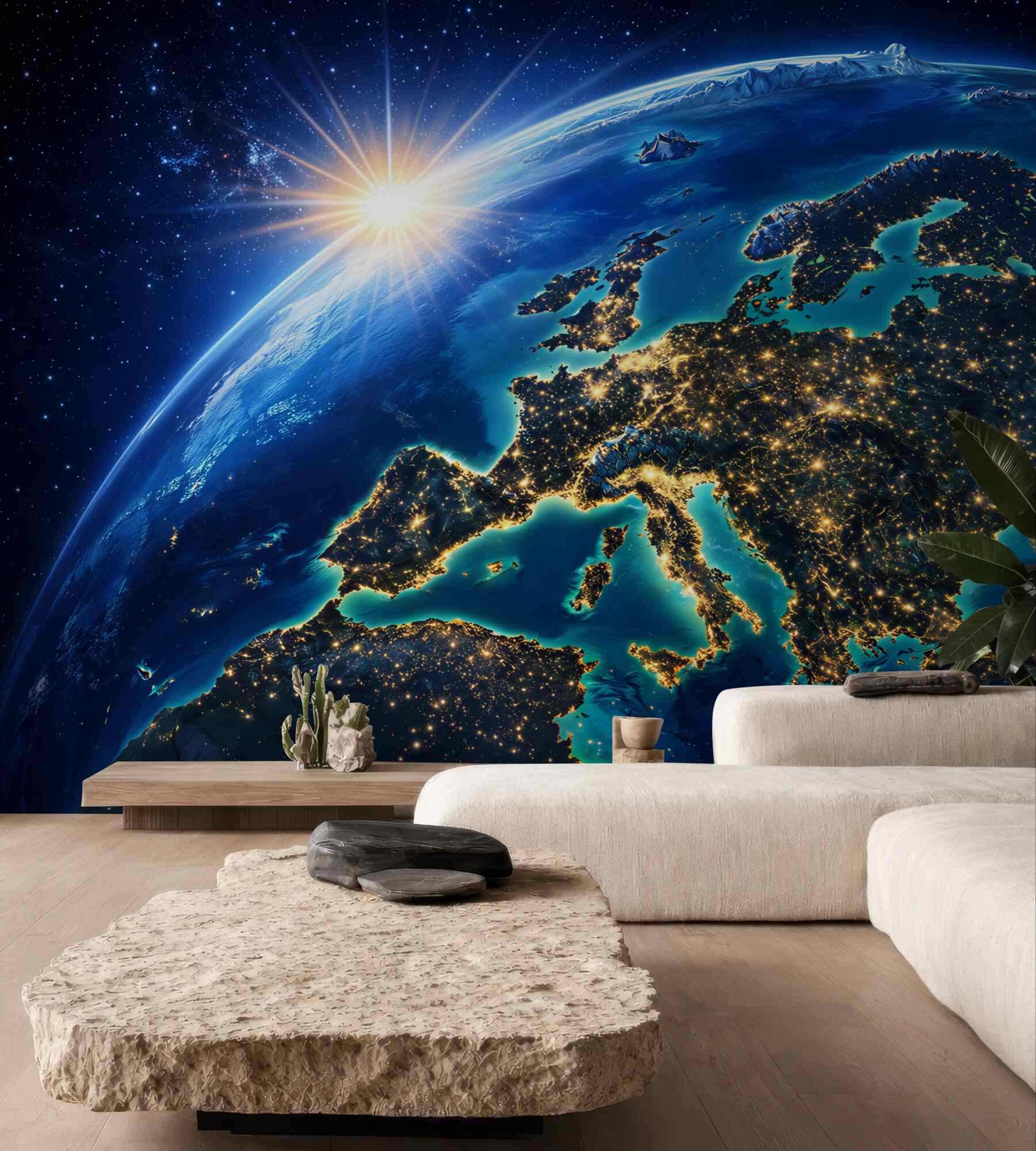 Fototapeta Ziemia z kosmosu Europa nocą i wschód słońca
