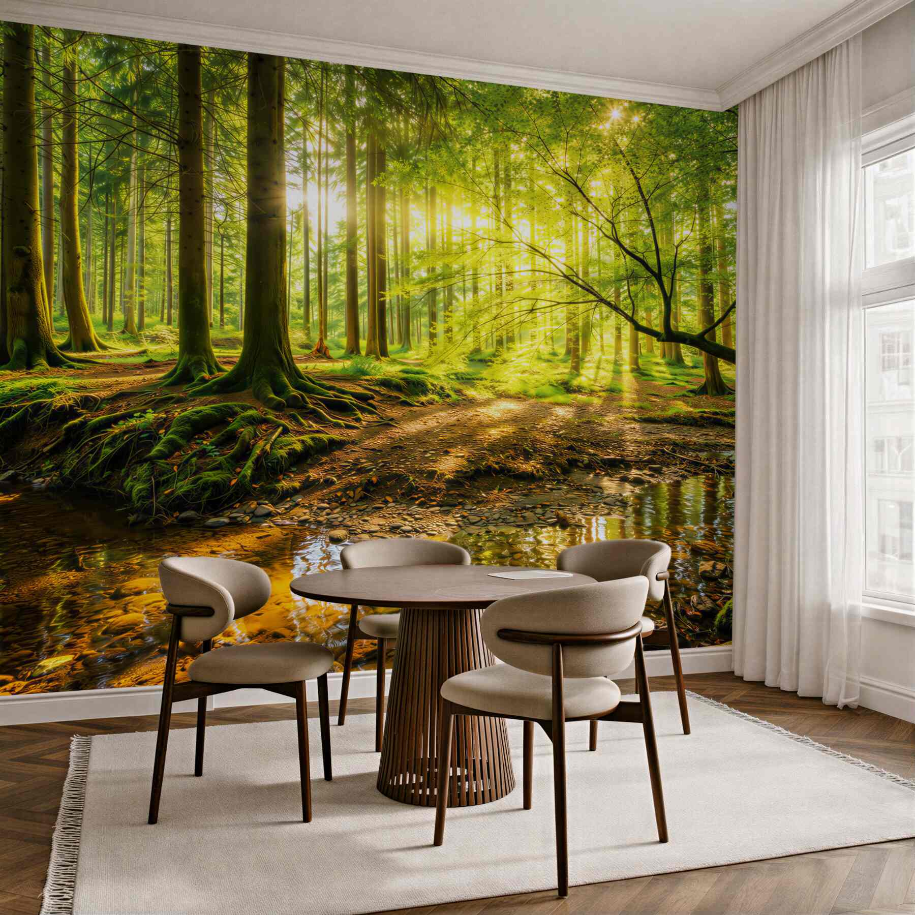 Fototapeta zielony las ze słońcem i strumieniem relaksująca natura