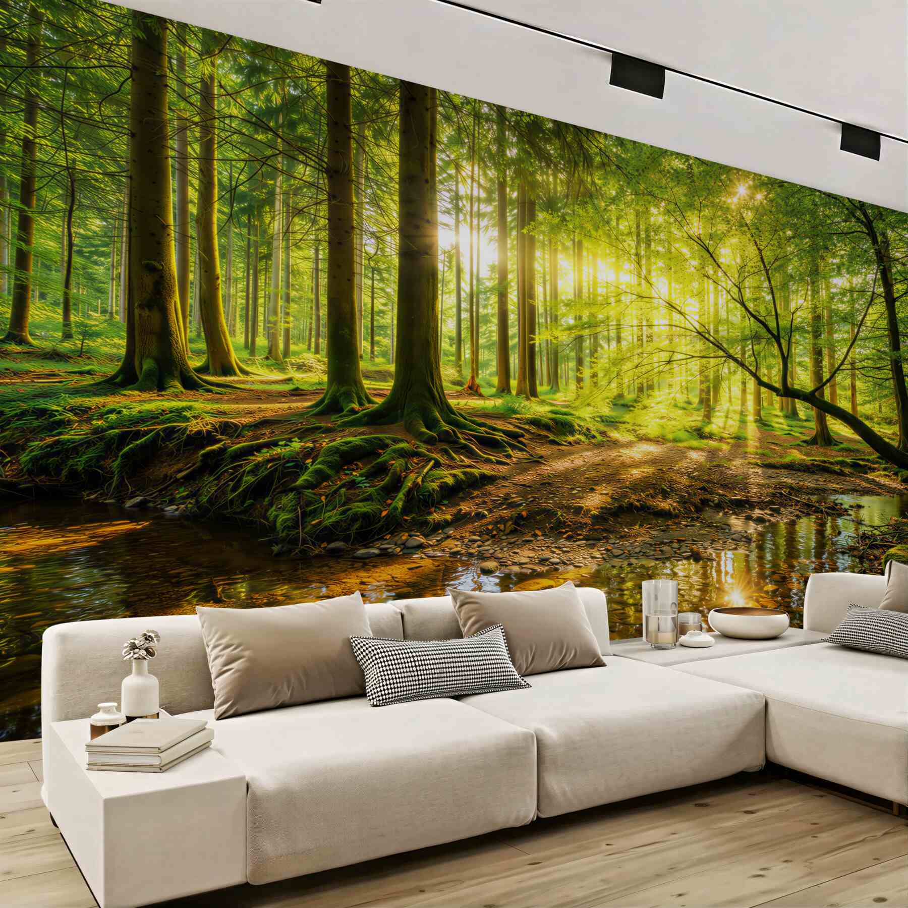 Fototapeta zielony las ze słońcem i strumieniem relaksująca natura