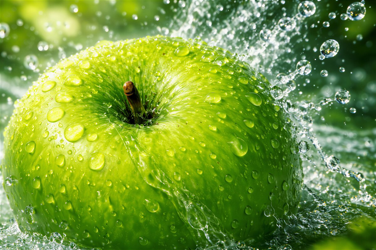 Fototapeta zielone jabłko w kroplach wody świeże i soczyste