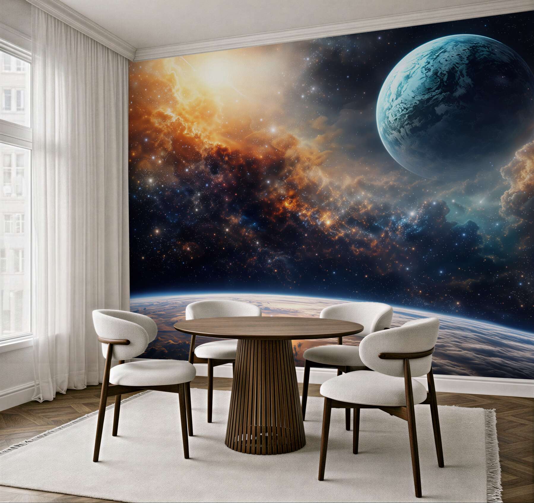 Fototapeta kosmos z planetą i gwiazdami wśród mgławic