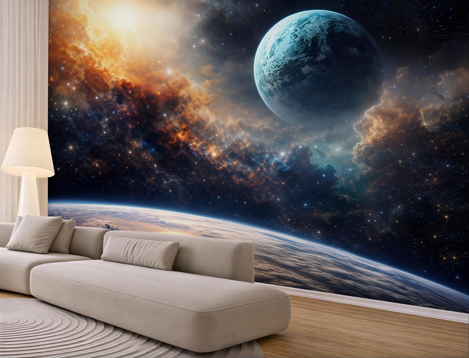 Fototapeta kosmos z planetą i gwiazdami wśród mgławic