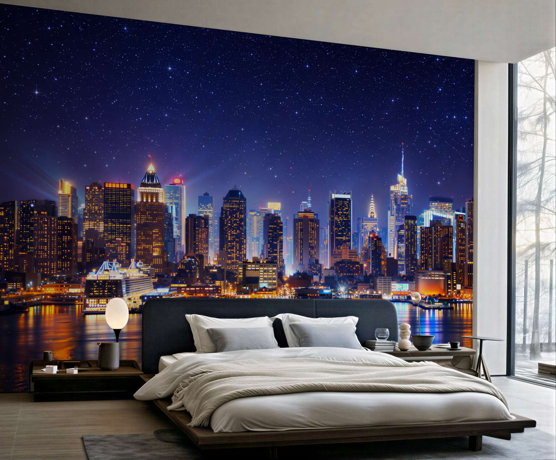 Fototapeta panorama miasta nocą z gwiaździstym niebem i odbiciem w wodzie