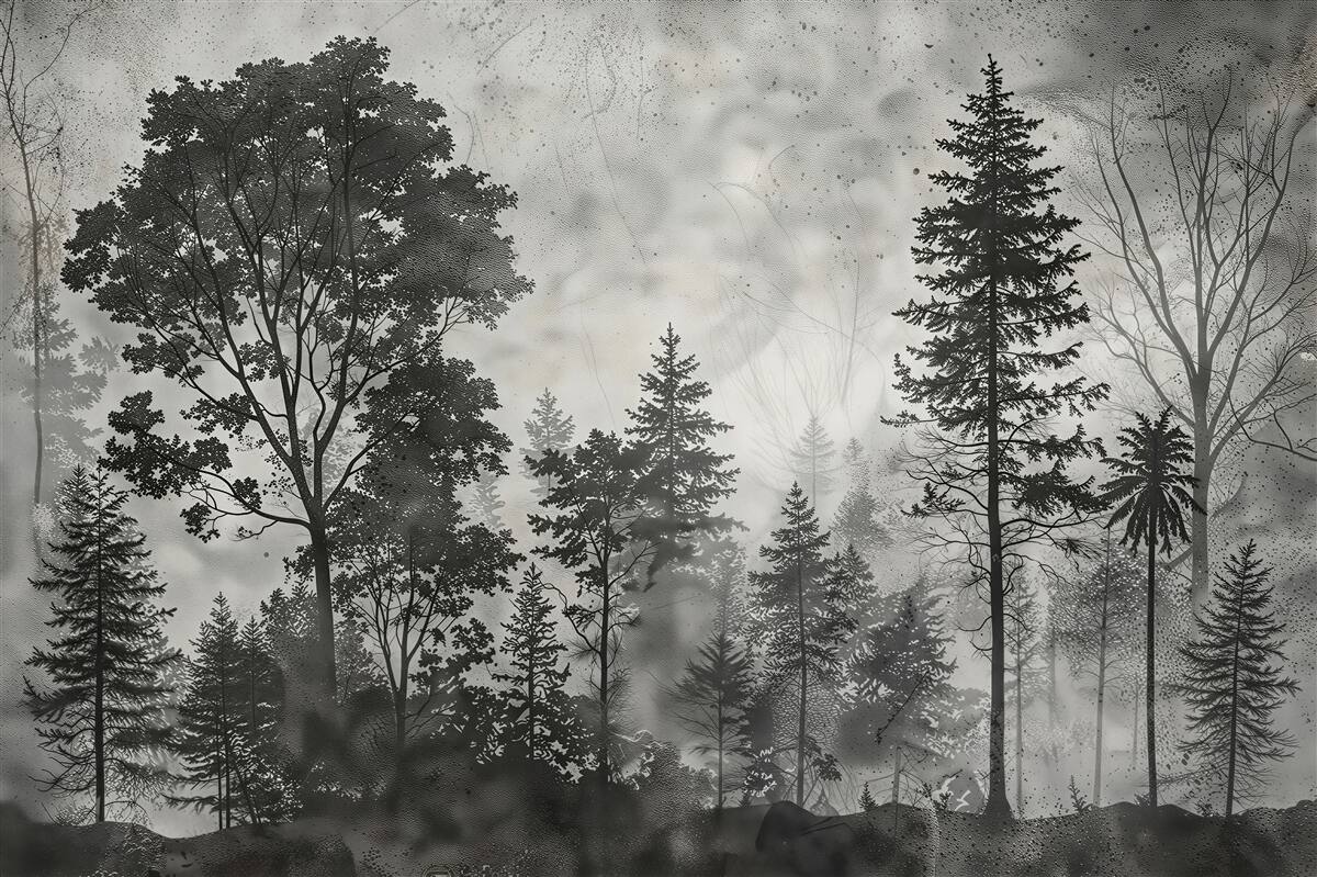 Fototapeta leśne drzewa czarno białe we mgle nowoczesna