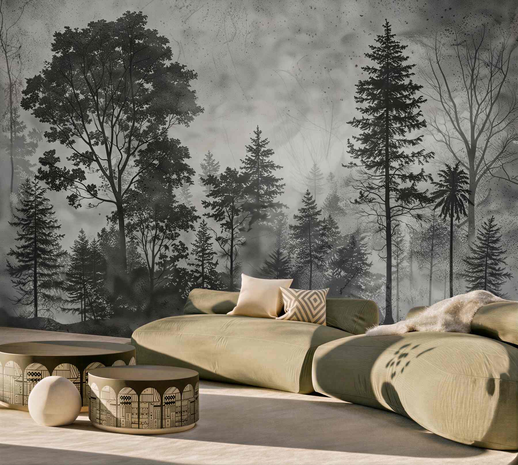 Fototapeta leśne drzewa czarno białe we mgle nowoczesna