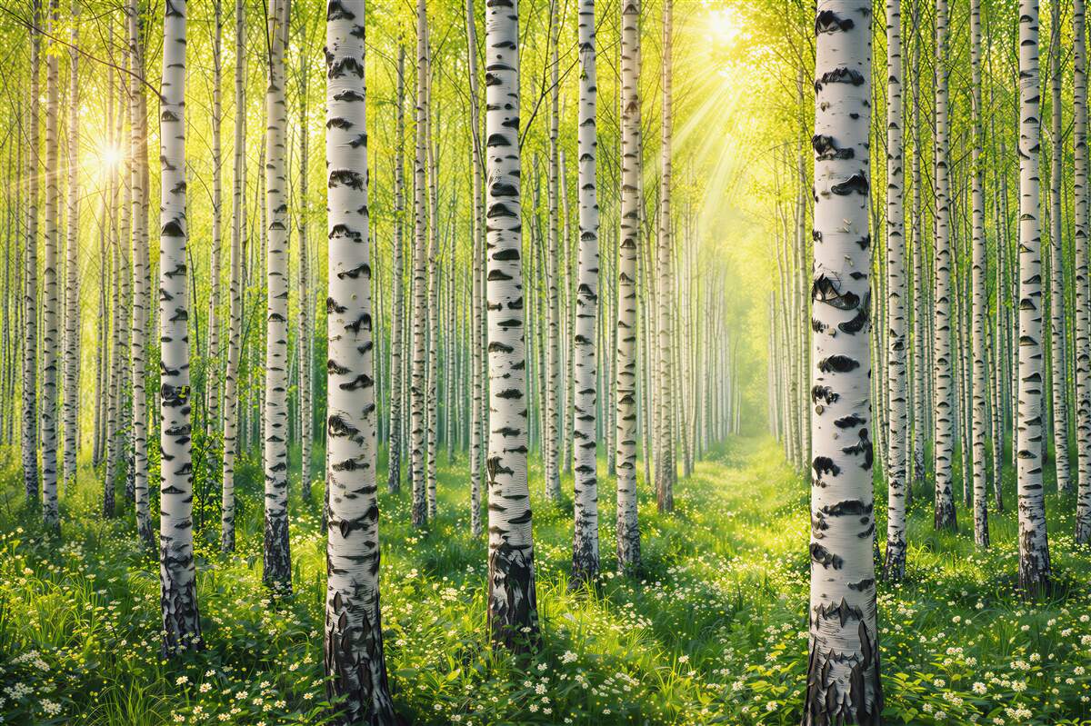 Fototapeta las brzozowy w promieniach słońca świeża wiosenna natura