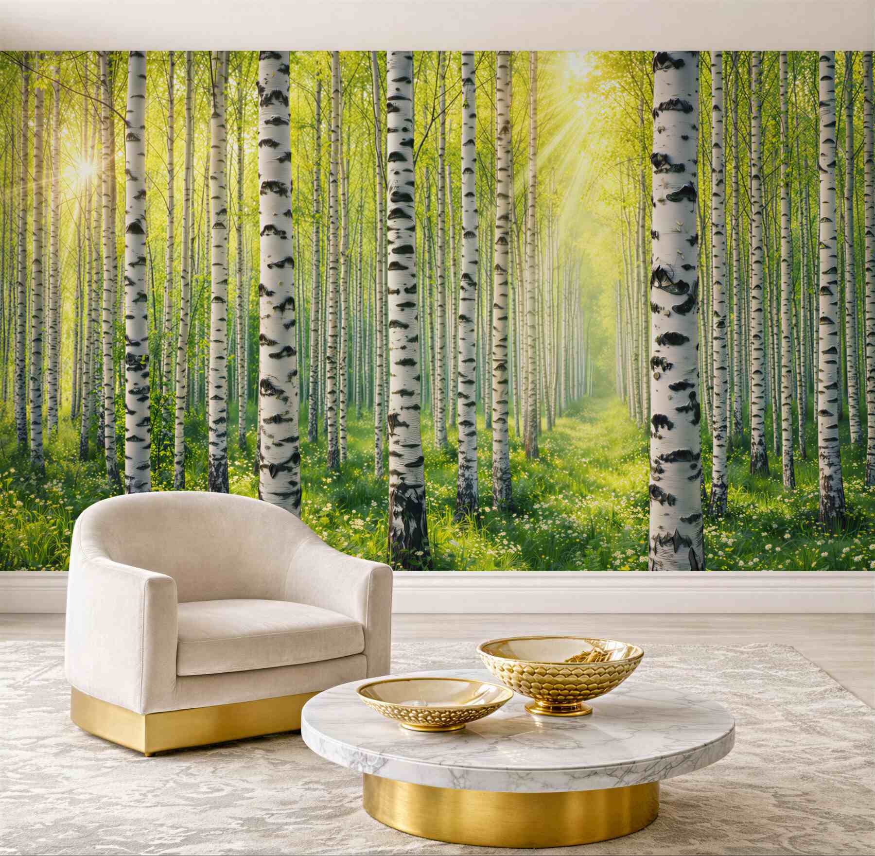 Fototapeta las brzozowy w promieniach słońca świeża wiosenna natura