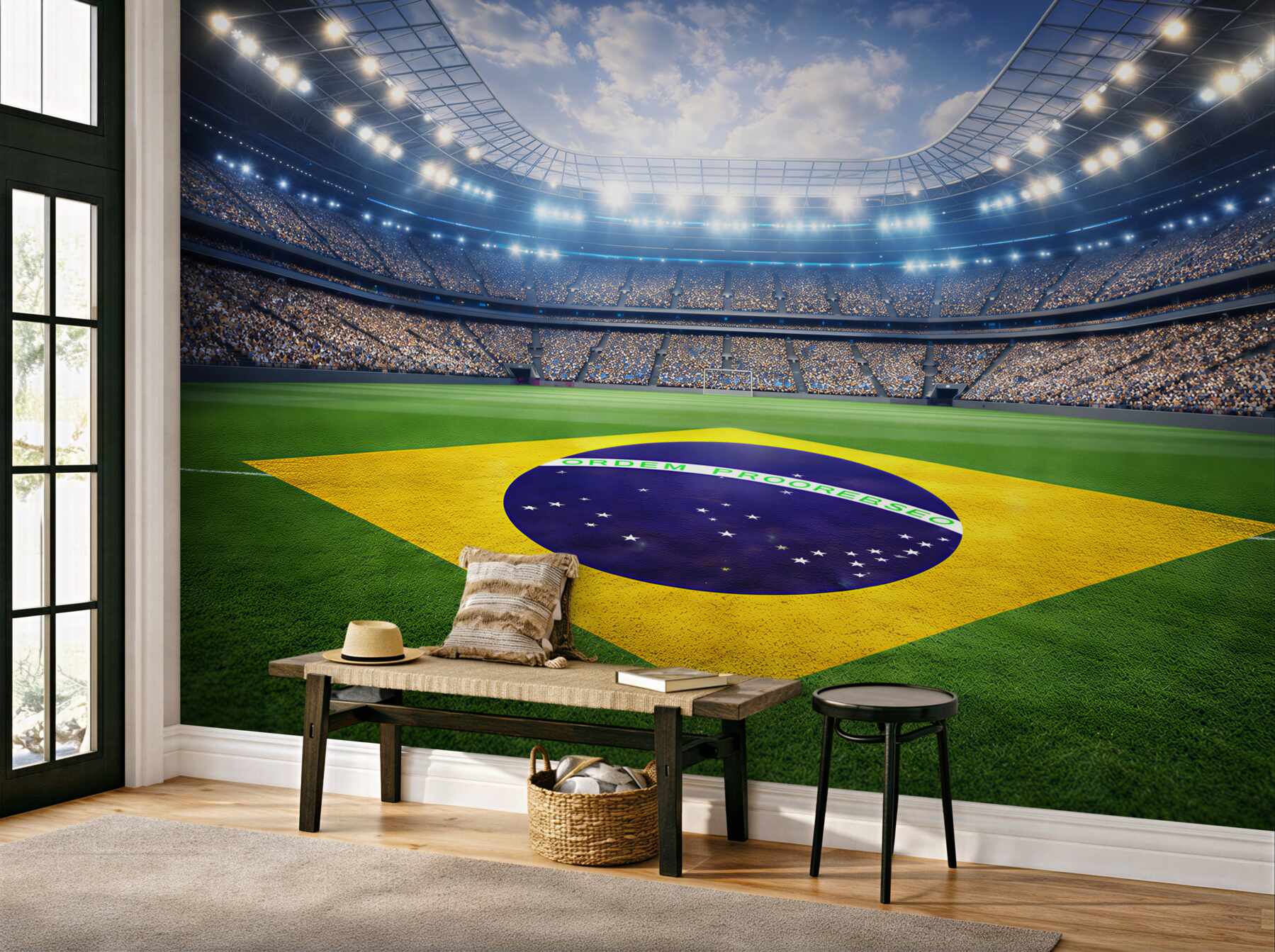 Fototapeta stadion piłkarski z flagą Brazylii dynamiczna sportowa panorama