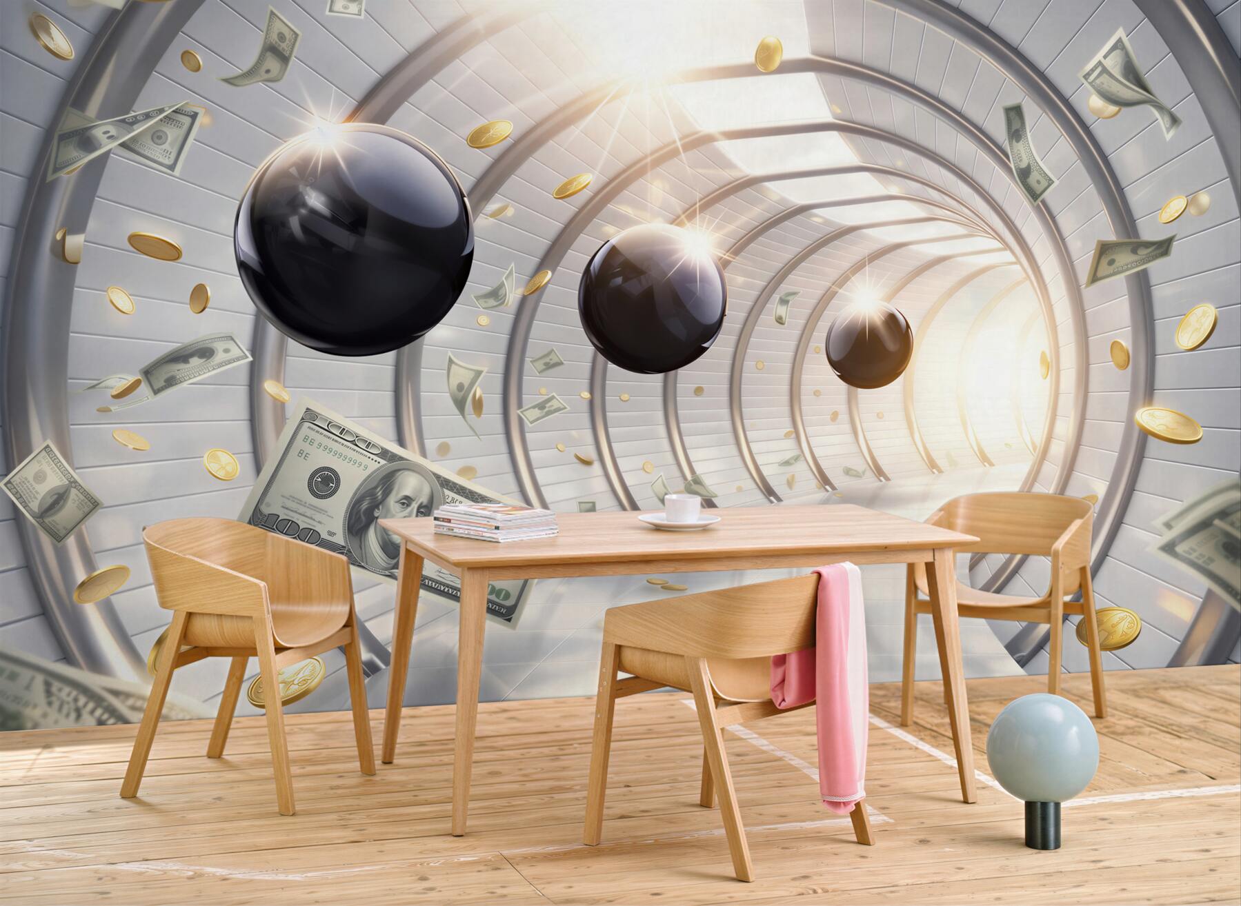 Fototapeta futurystyczny tunel z dolarami i monetami nowoczesna abstrakcja