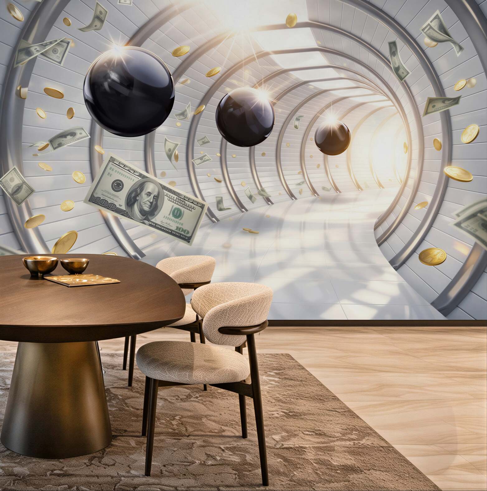 Fototapeta futurystyczny tunel z dolarami i monetami nowoczesna abstrakcja