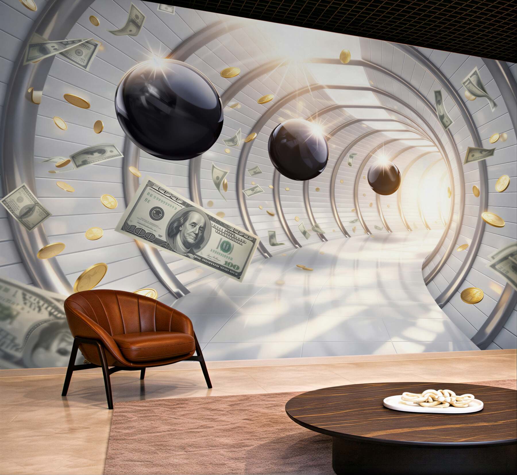 Fototapeta futurystyczny tunel z dolarami i monetami nowoczesna abstrakcja