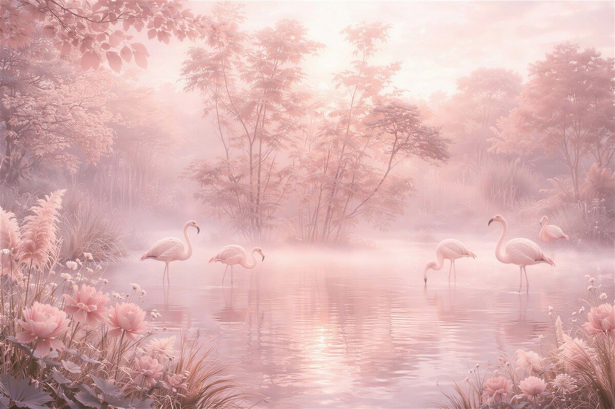 Fototapeta różowe flamingi nad jeziorem we mgle romantyczna