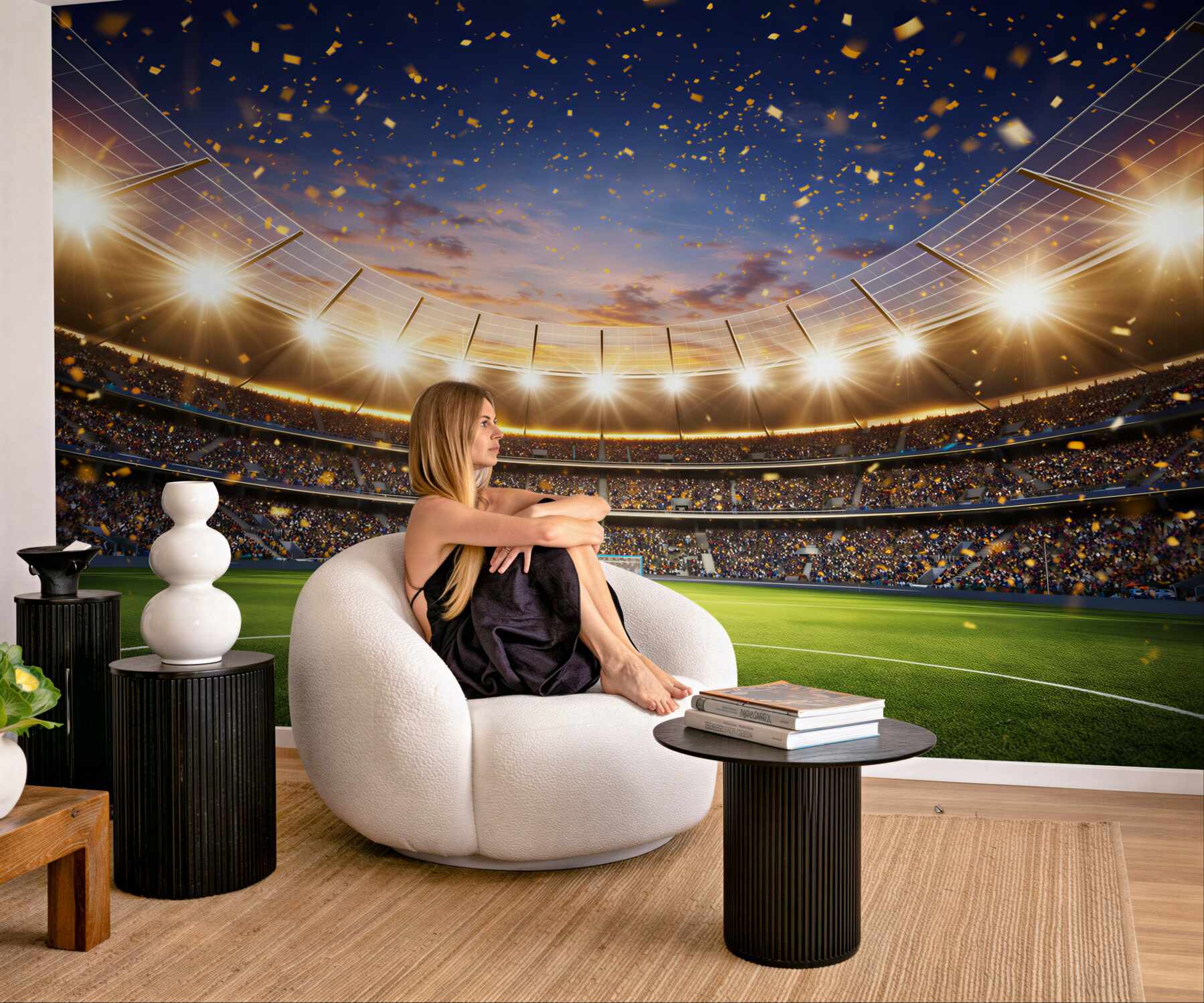 Fototapeta stadion piłkarski nocą z oświetleniem i konfetti