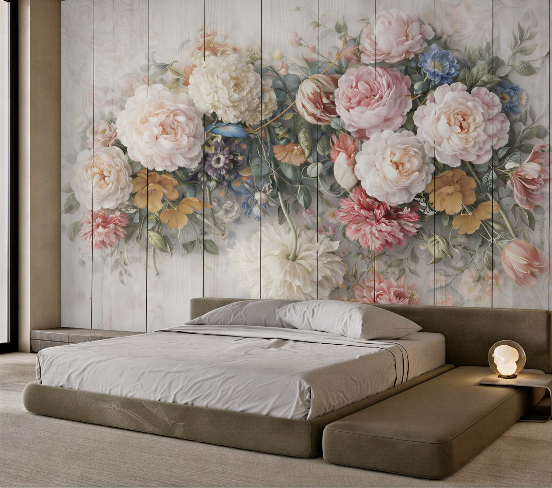 Fototapeta romantyczne kwiaty pastelowe na bielonym drewnie shabby chic