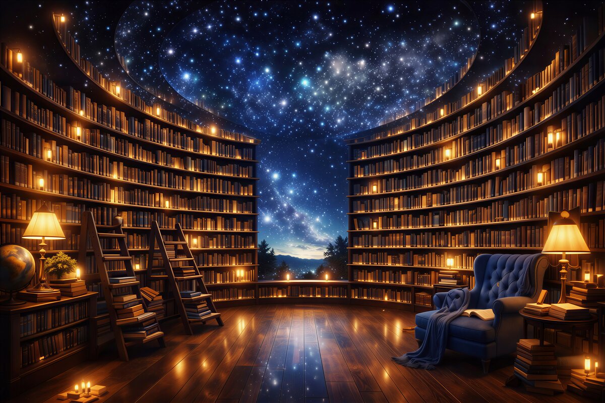 Fototapeta magiczna biblioteka pod gwiaździstym niebem przytulna i nastrojowa