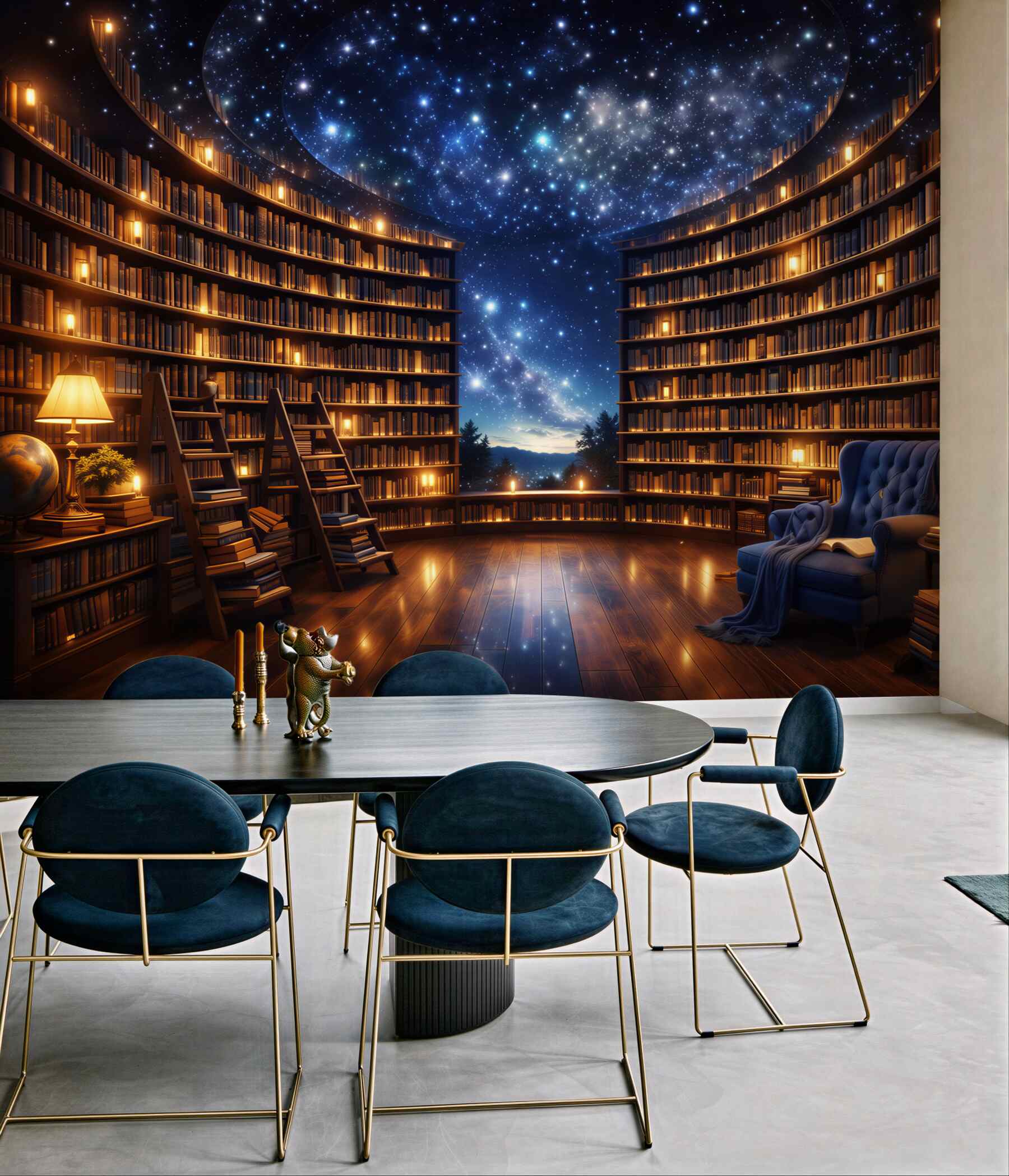 Fototapeta magiczna biblioteka pod gwiaździstym niebem przytulna i nastrojowa