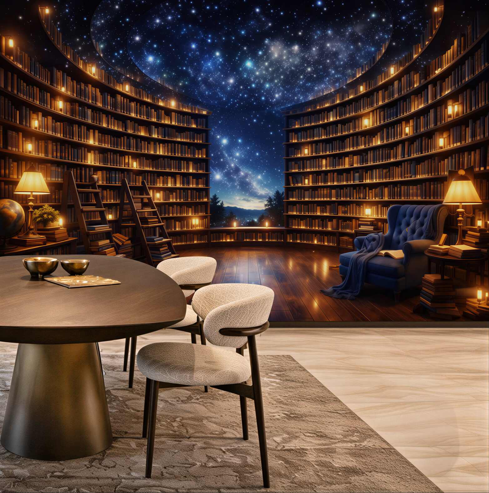 Fototapeta magiczna biblioteka pod gwiaździstym niebem przytulna i nastrojowa