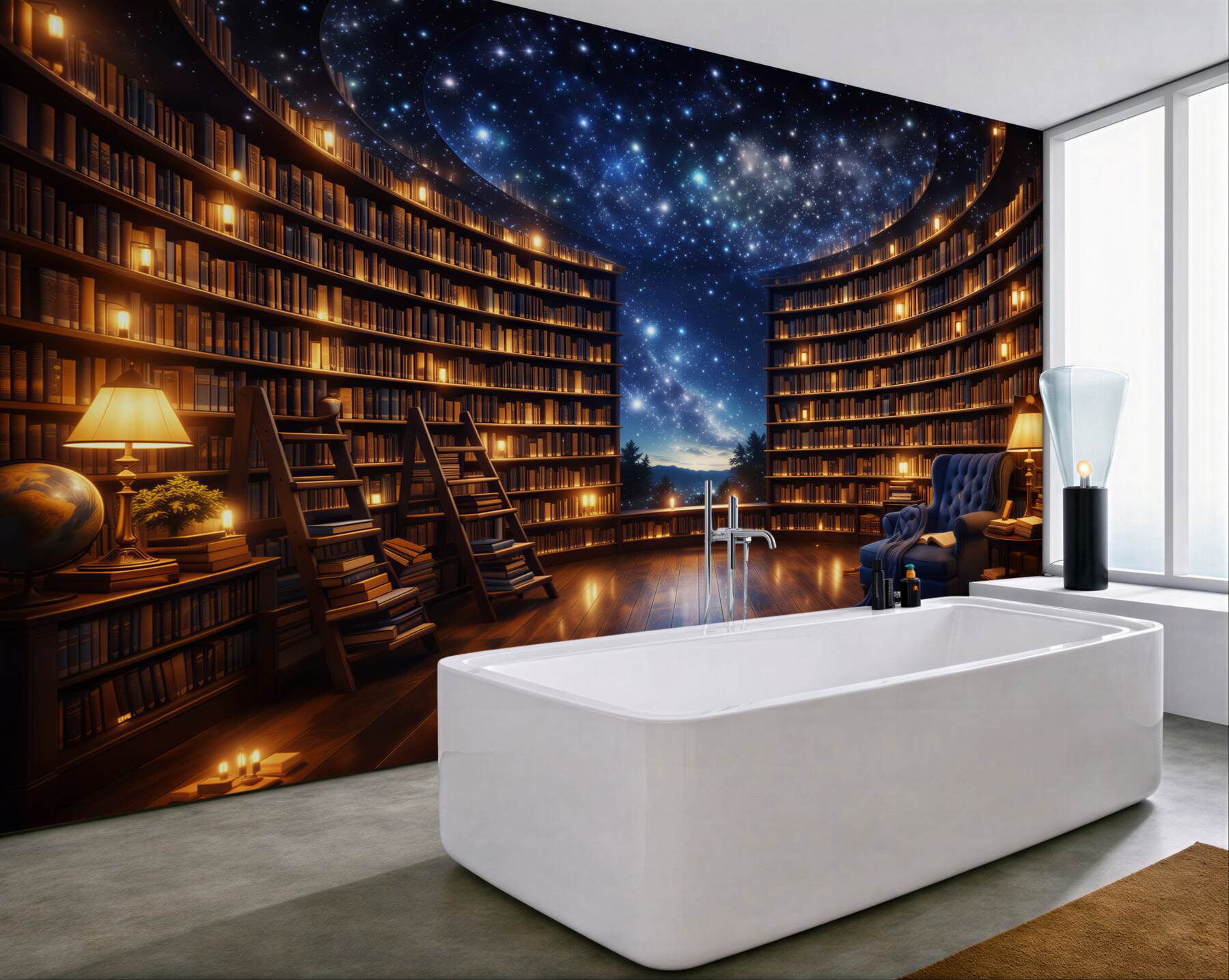 Fototapeta magiczna biblioteka pod gwiaździstym niebem przytulna i nastrojowa