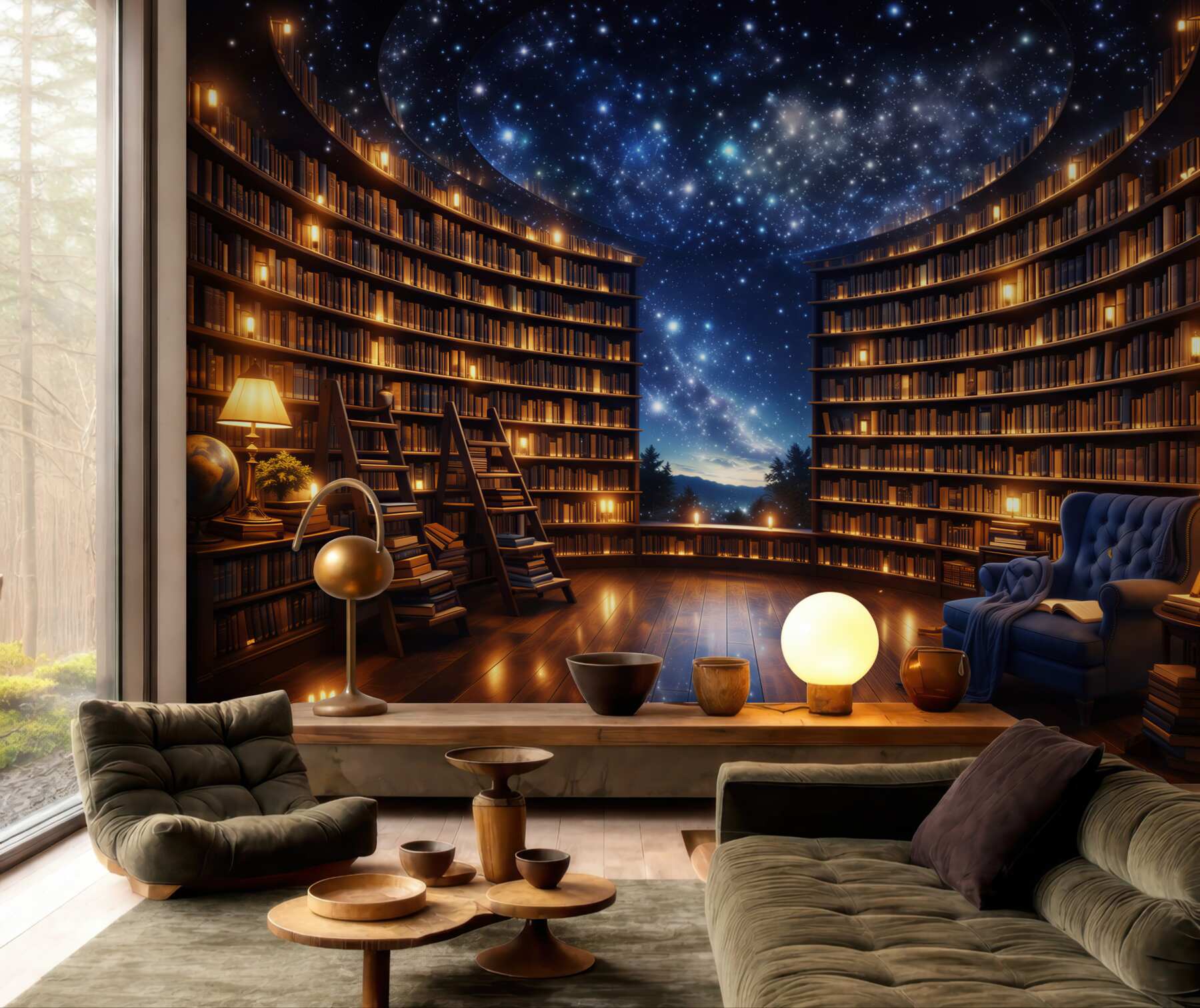 Fototapeta magiczna biblioteka pod gwiaździstym niebem przytulna i nastrojowa