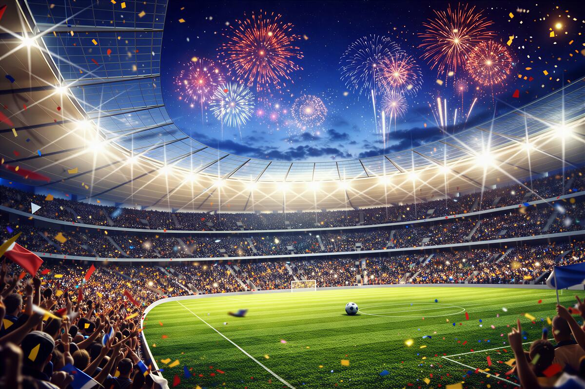 Fototapeta stadion piłkarski z fajerwerkami i tłumem kibiców wieczorna