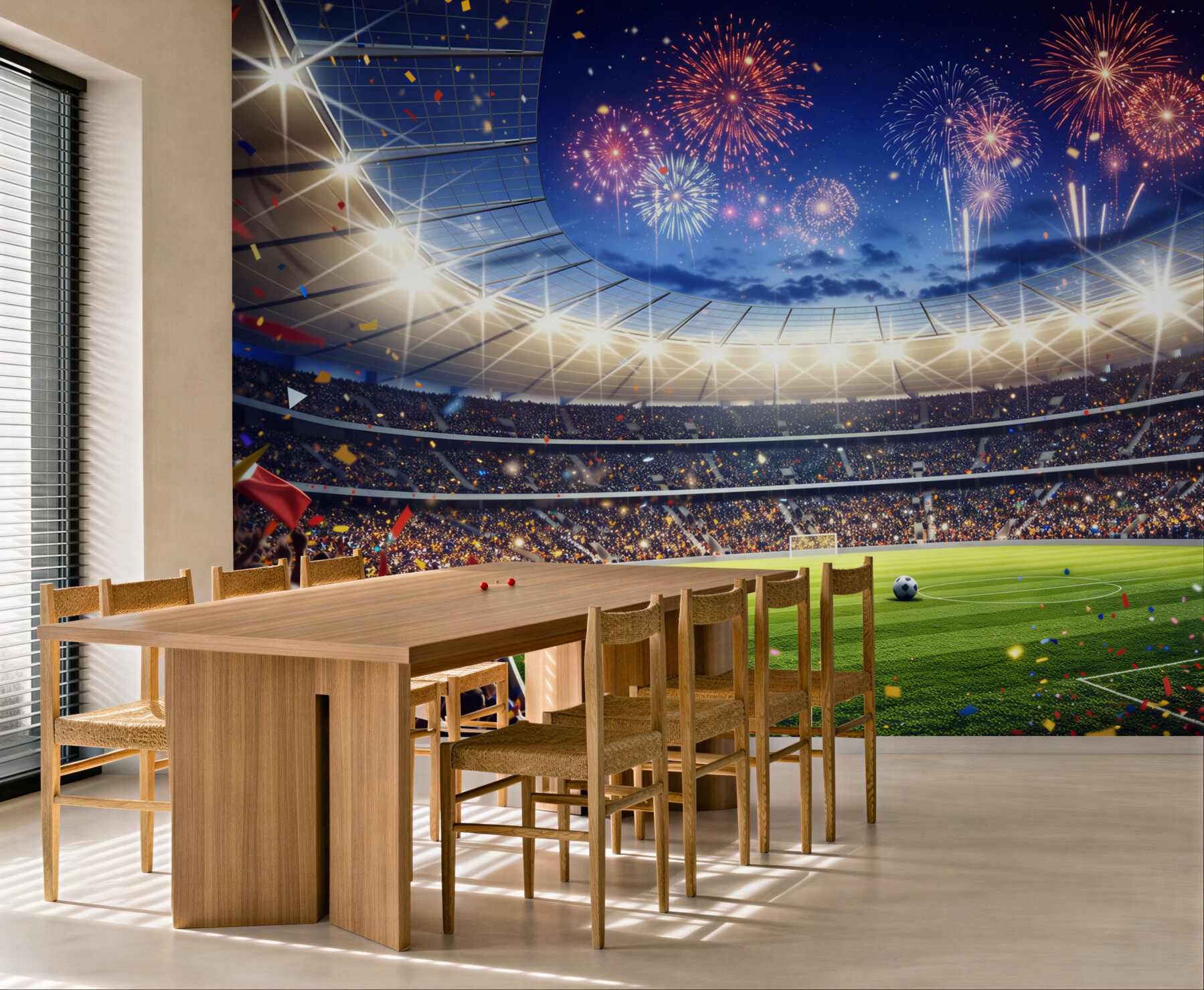 Fototapeta stadion piłkarski z fajerwerkami i tłumem kibiców wieczorna