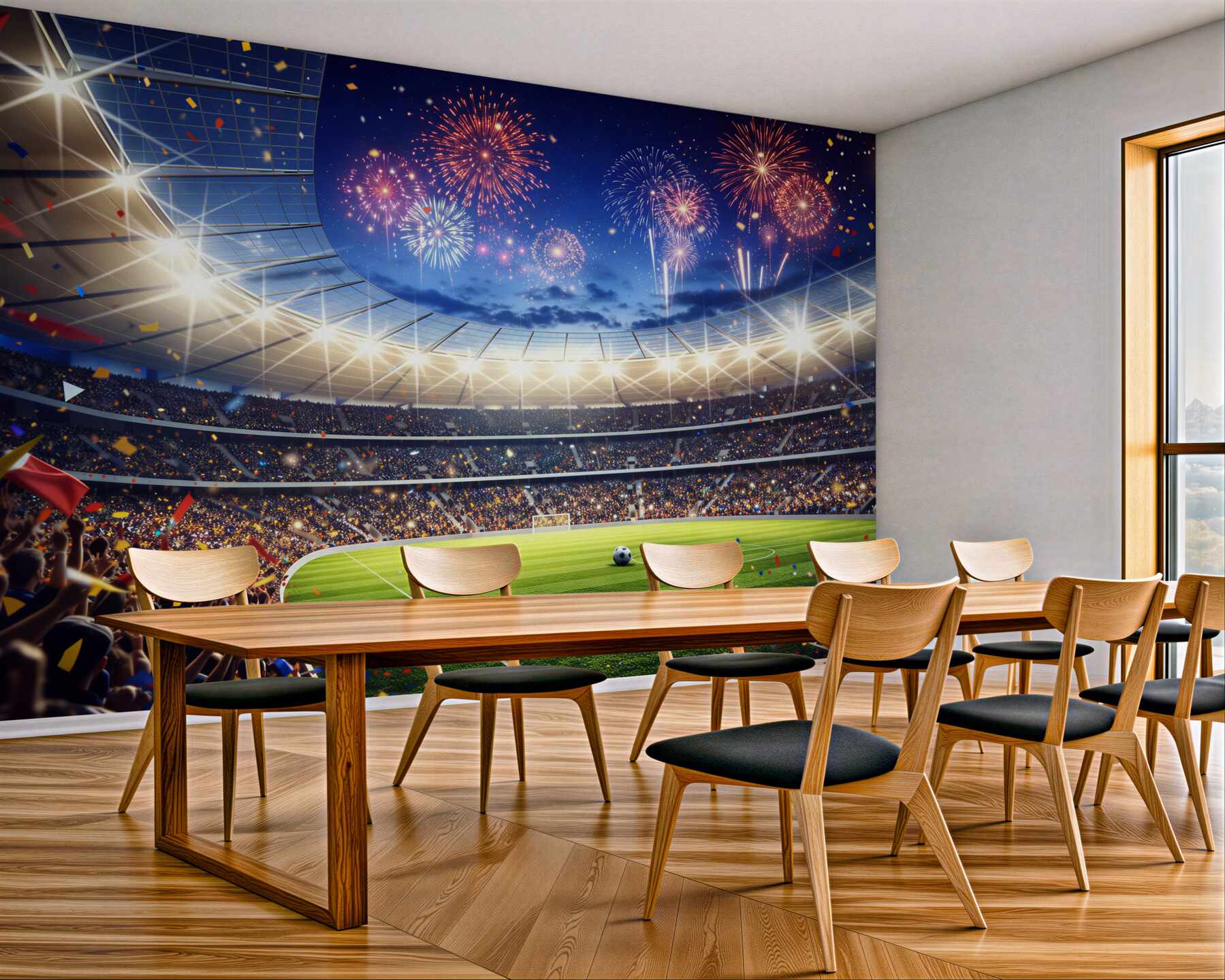 Fototapeta stadion piłkarski z fajerwerkami i tłumem kibiców wieczorna