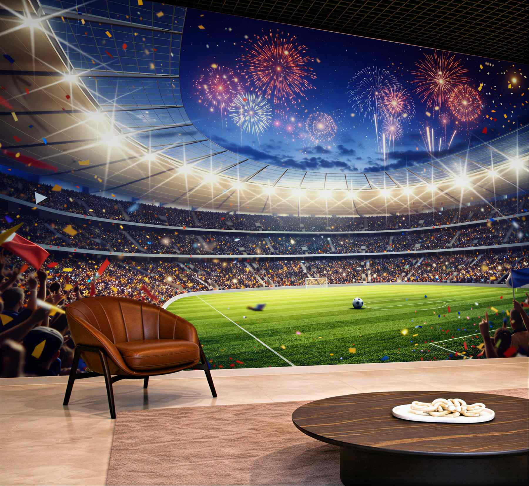 Fototapeta stadion piłkarski z fajerwerkami i tłumem kibiców wieczorna
