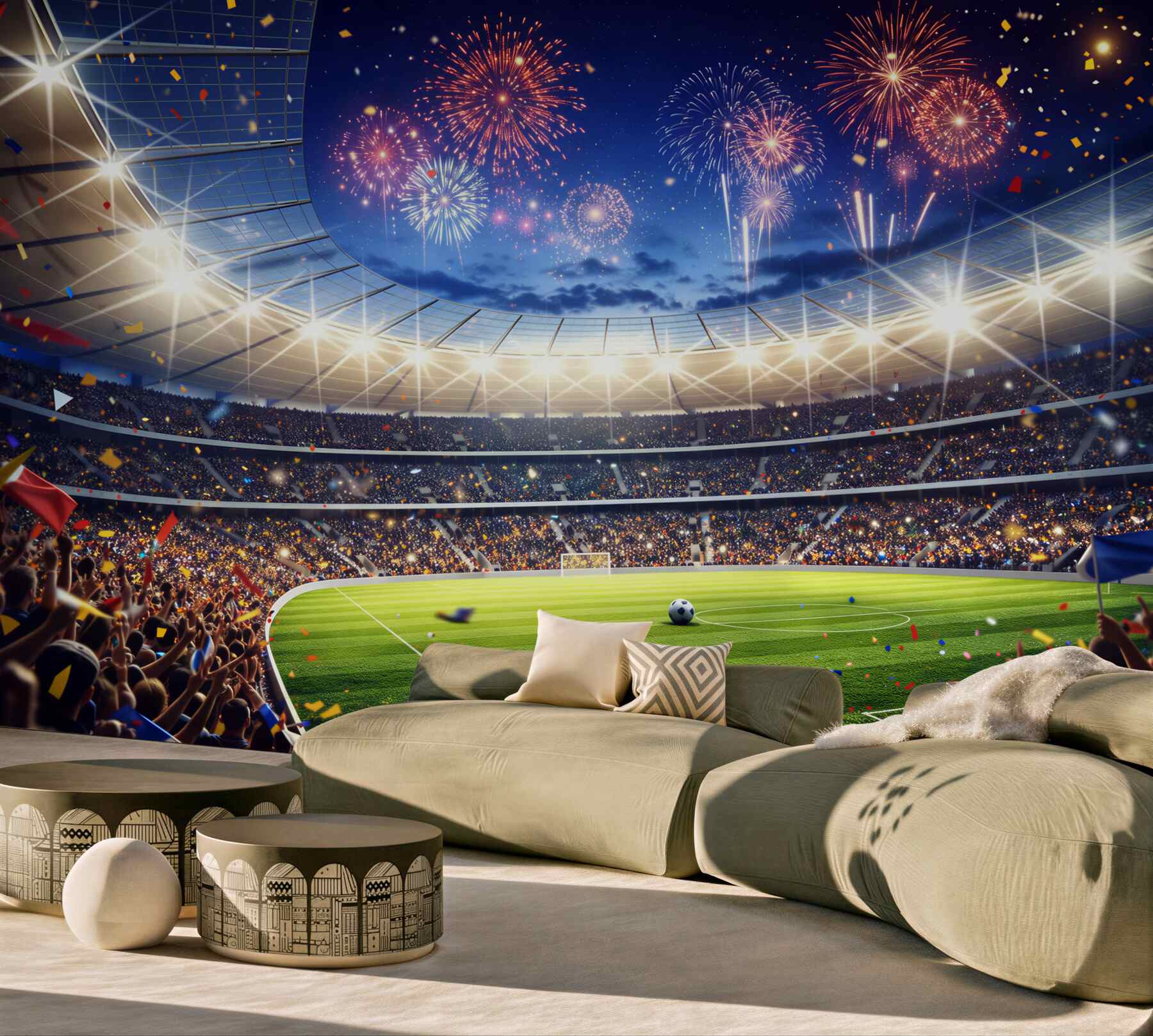 Fototapeta stadion piłkarski z fajerwerkami i tłumem kibiców wieczorna