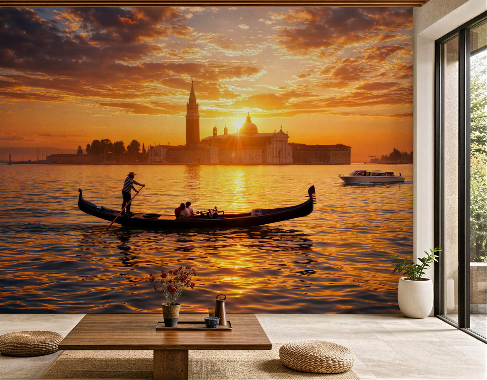 Fototapeta gondola na tle Wenecji o zachodzie słońca romantyczny pejzaż