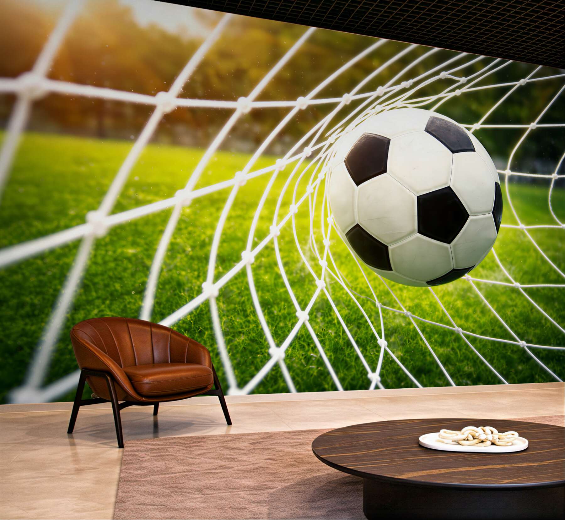 Fototapeta piłka nożna w bramce na boisku sportowa dekoracja
