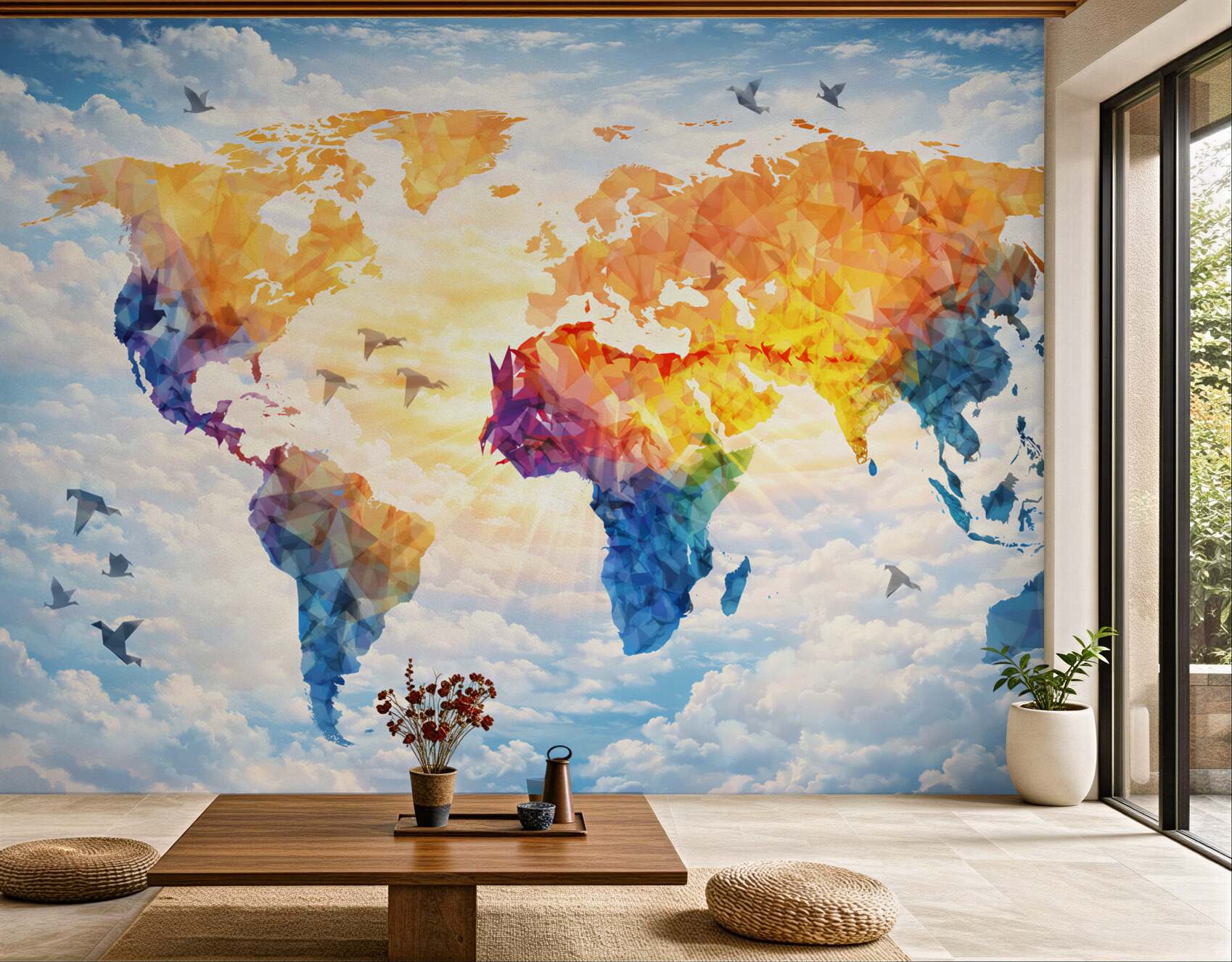 Fototapeta mapa świata kolorowa geometryczna na tle chmur