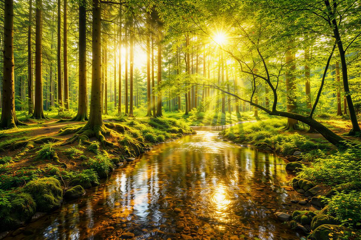 Fototapeta leśny strumień w promieniach słońca zielona naturalna