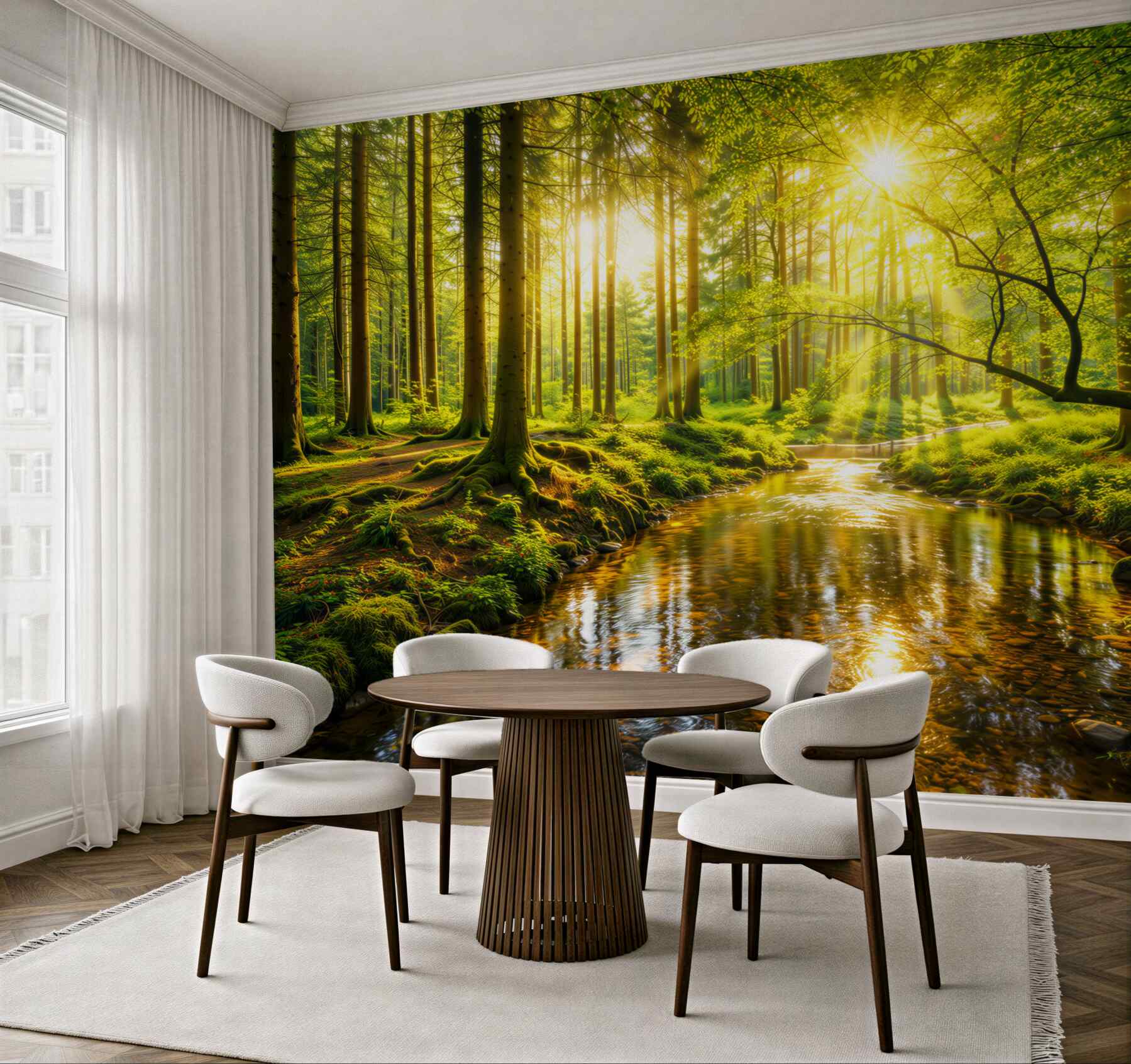 Fototapeta leśny strumień w promieniach słońca zielona naturalna